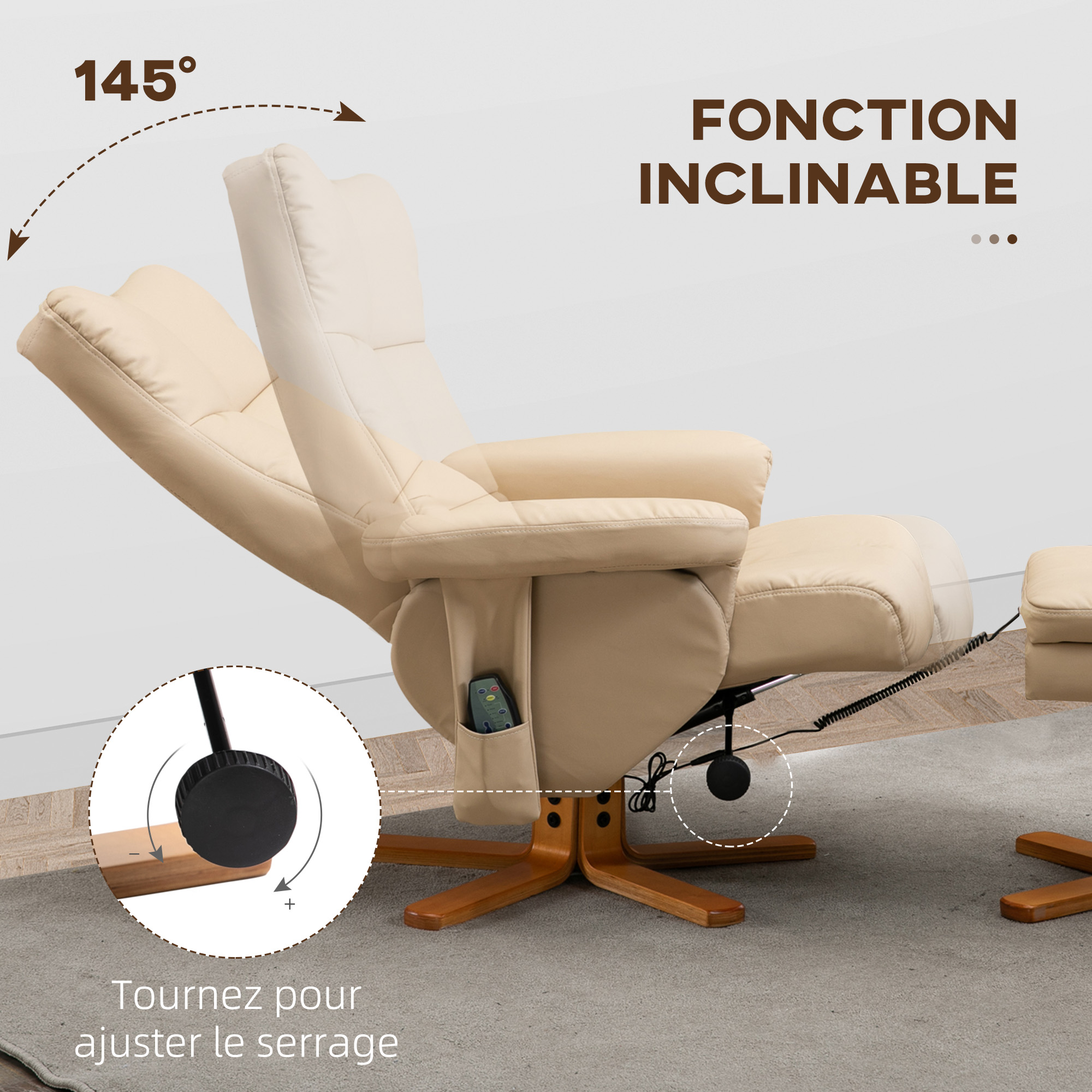 Fauteuil Relax HOMCOM Avec Pouf - Siège TV Inclinable 135° Pivotant 360° Rembourré Confortable Jusqu'à 130 Kg, Crème
