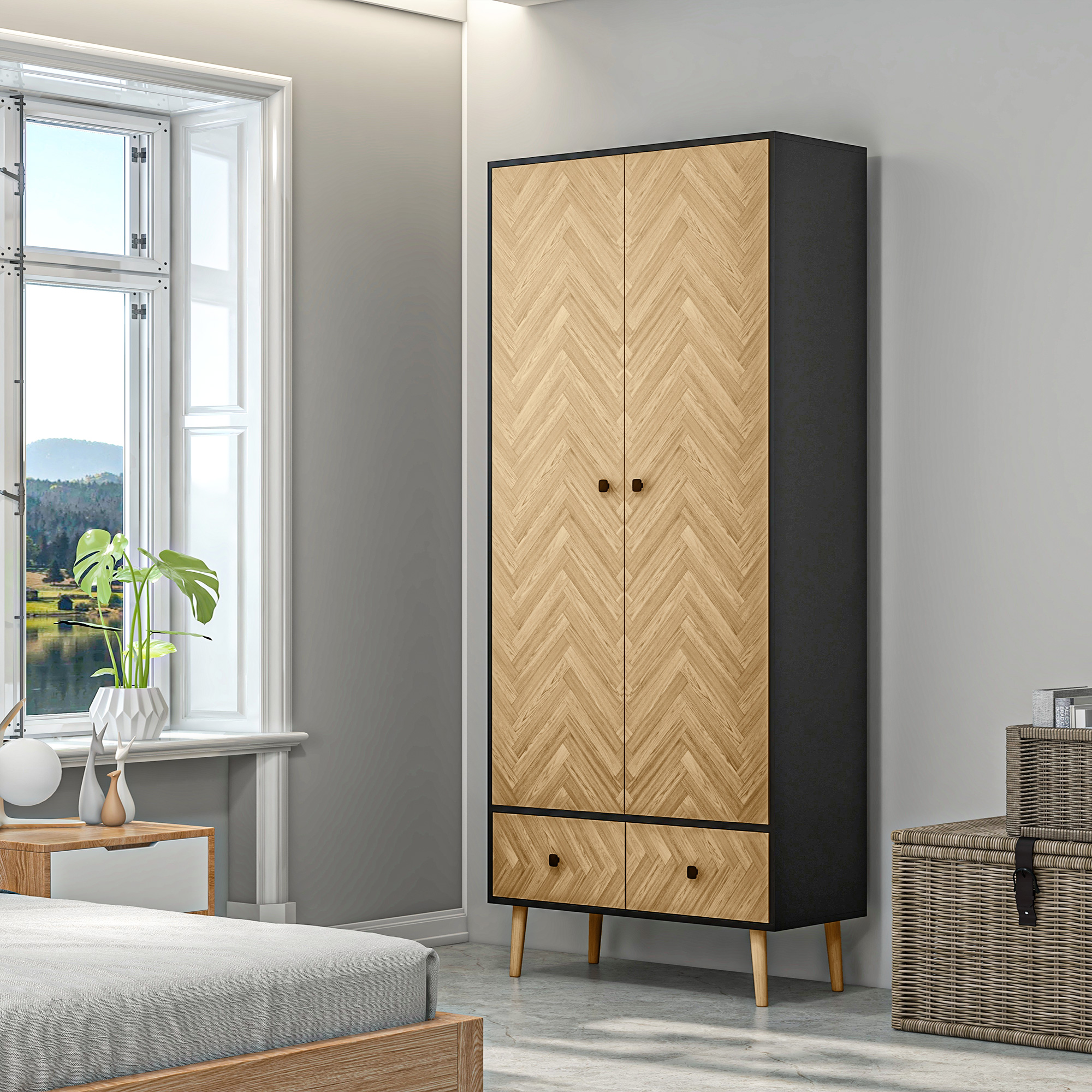 HOMCOM Modern Wardrobe Cabinet Wood-Effect Sticker Surface with 2 Hanging Rods, 2 Storage Shelves and 2 Drawers, 90 x 50 x 190 cm, Dark Grey