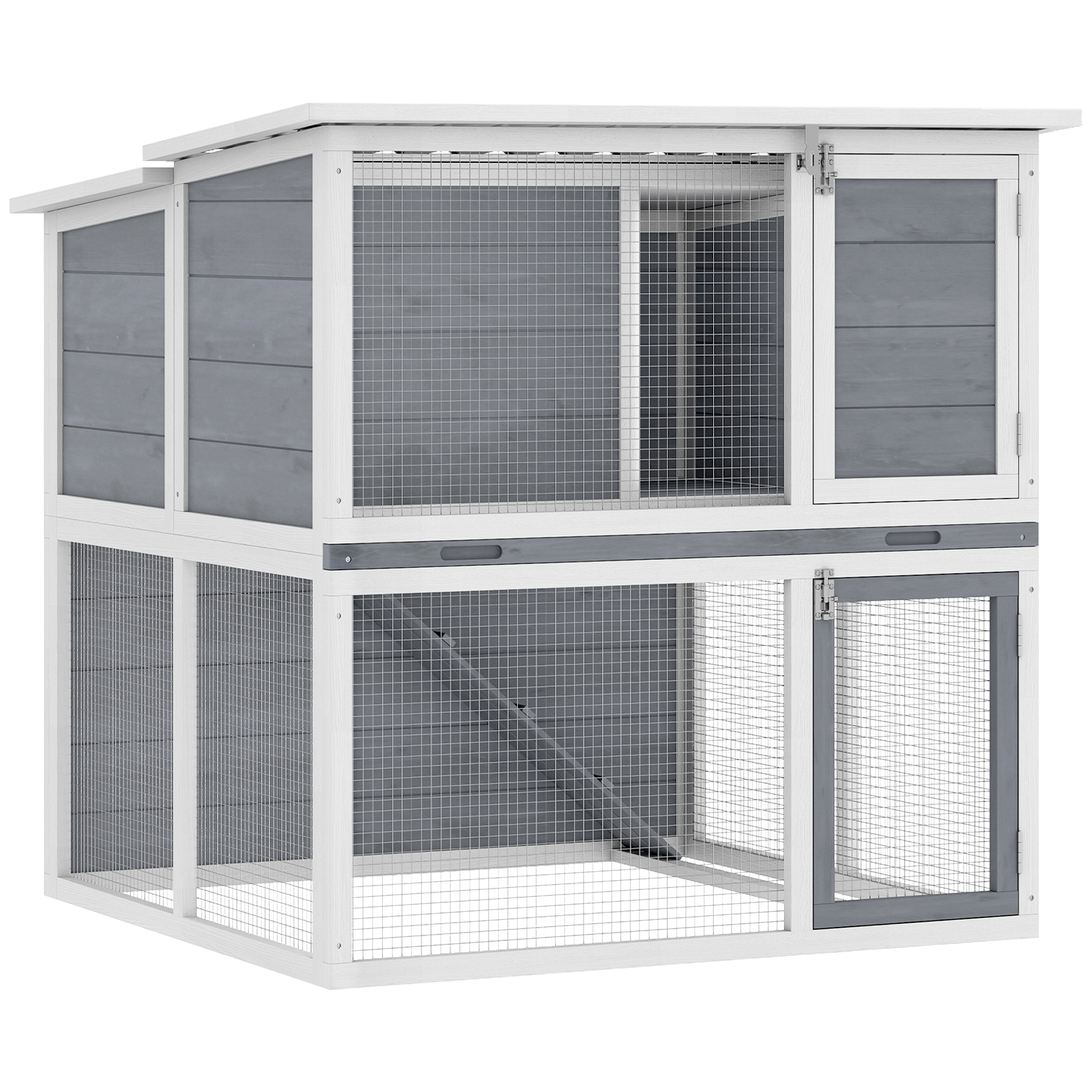 PawHut Casa para conejos exterior jaula para conejos 2 niveles espaciosa techo de doble apertura bandeja extraíble 98x95x102,5cm gris | Aosom España