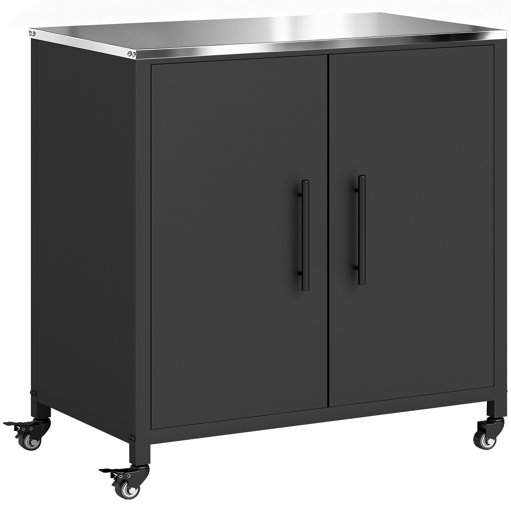 Outsunny Armario de jardín con mesa de trasplante, cobertizo con encimera de acero inoxidable, estante extraíble, puertas magnéticas dobles, ruedas