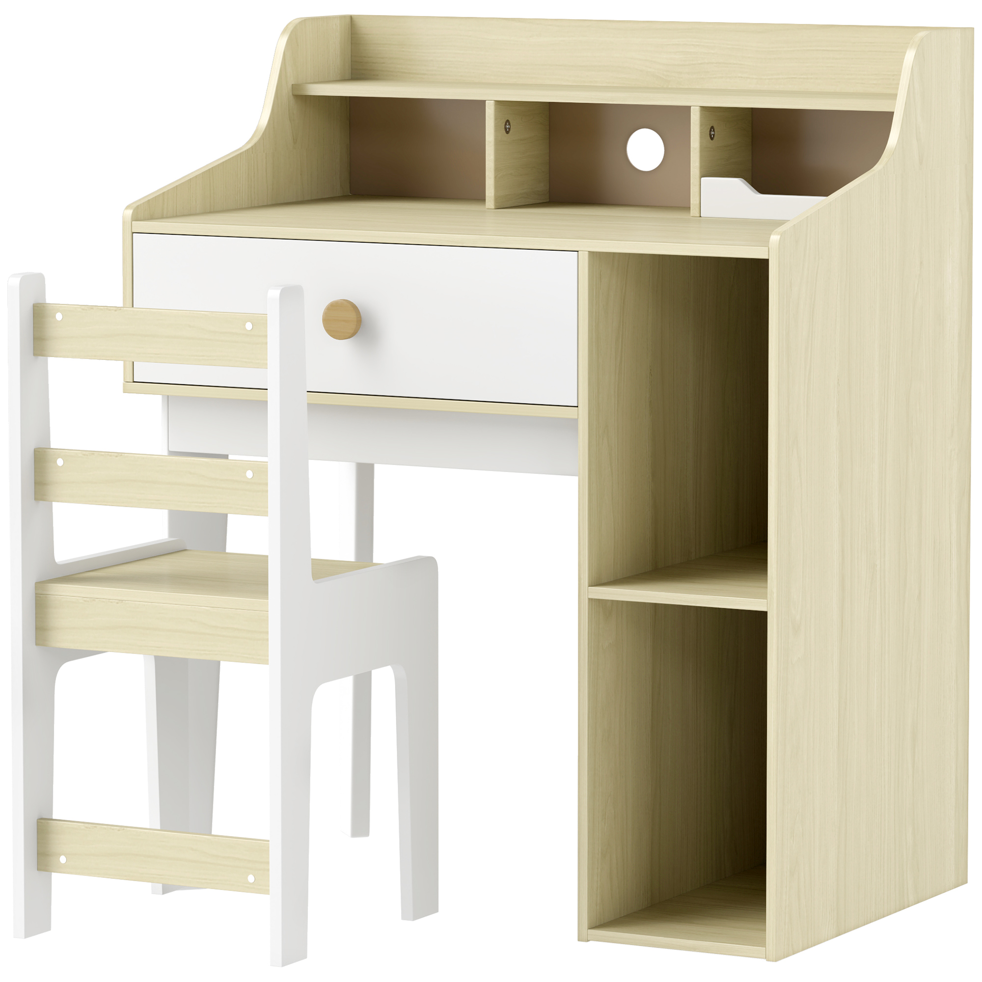 AIYAPLAY Set Mesa y Silla para Niños en Madera con Estante y Cajón, Edad 3-10 Años, Blanco y Madera | Aosom España