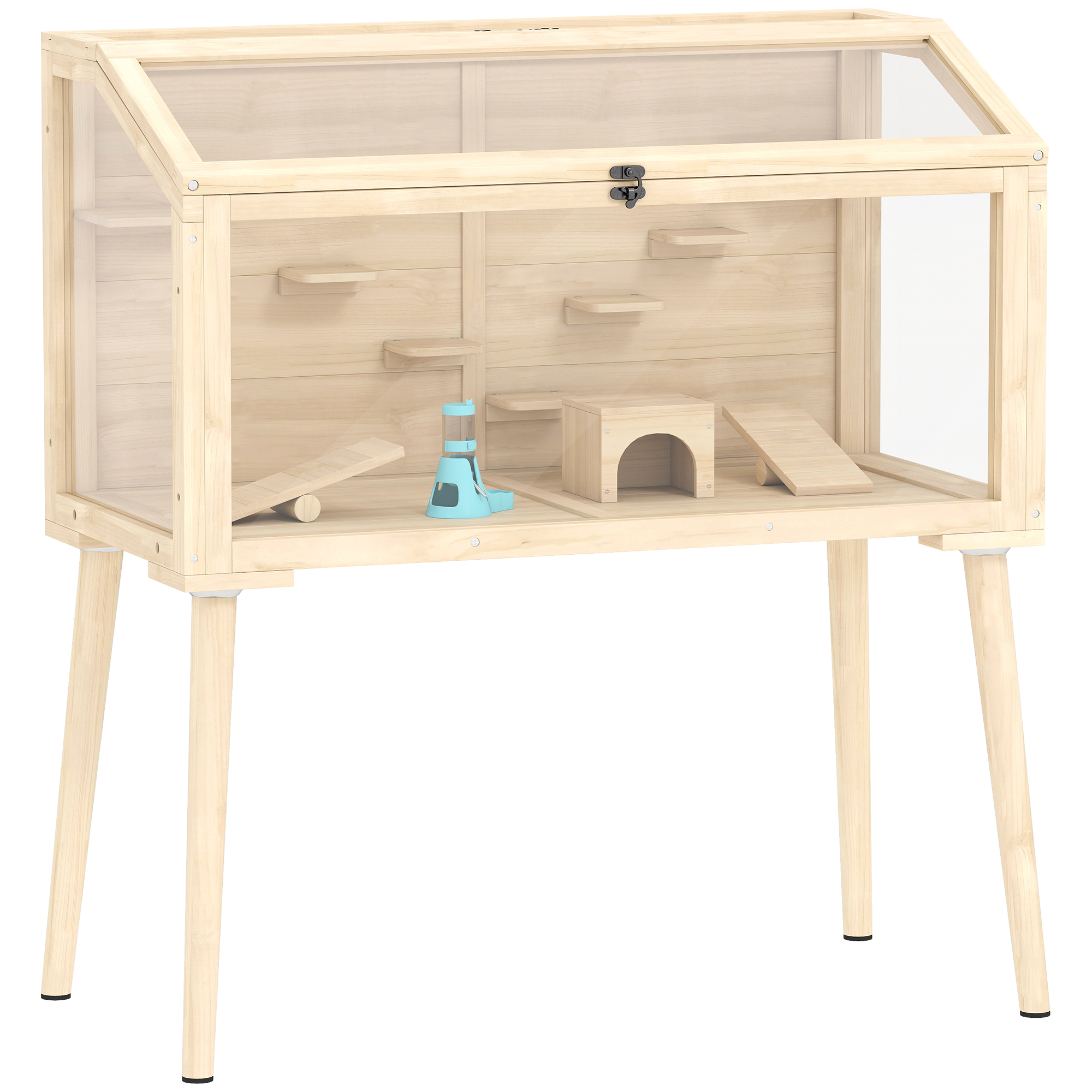 PawHut Jaula para hámsters, corral para hámster enano, refugio para pequeños animales con accesorios, botella de agua, 110 x 52 x 101 cm, madera, plástico