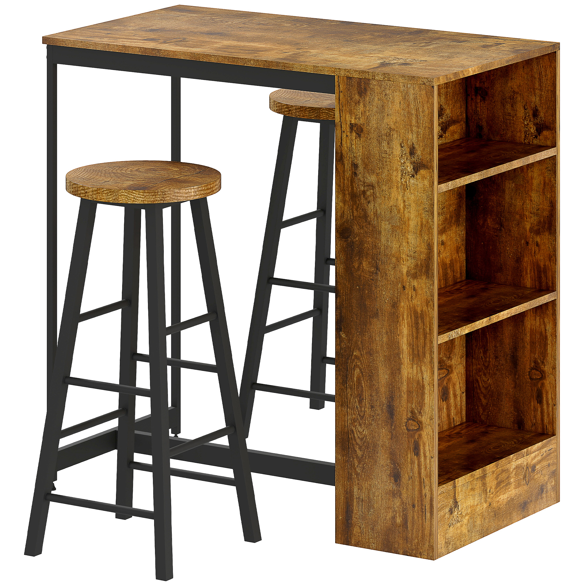 HOMCOM Set de Comedor con Mostrador de Bar con 3 Estantes y 2 Taburetes Altos con Reposapiés Estilo Industrial, Marrón | Aosom España