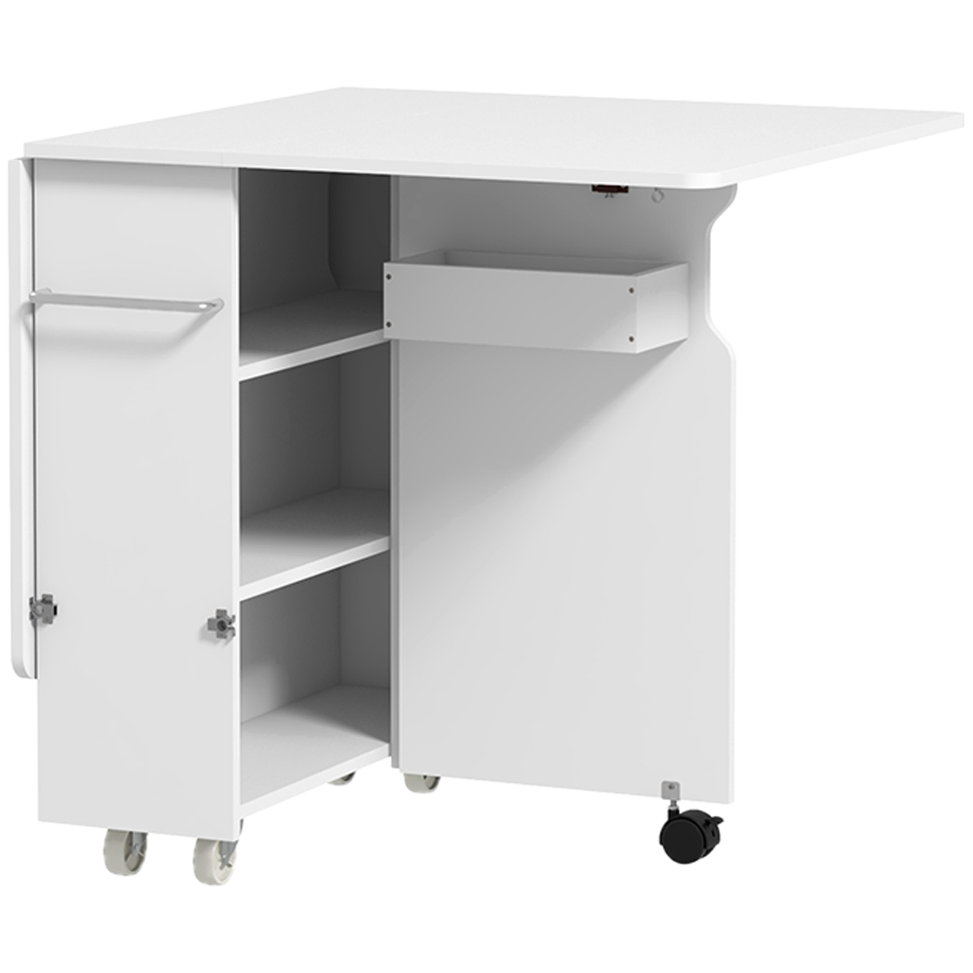 HOMCOM Mesa Abatible Plegable con Estantes de 3 Niveles, Caja y Ruedas, en MDF, 130x80x76.5 cm, Blanco | Aosom España