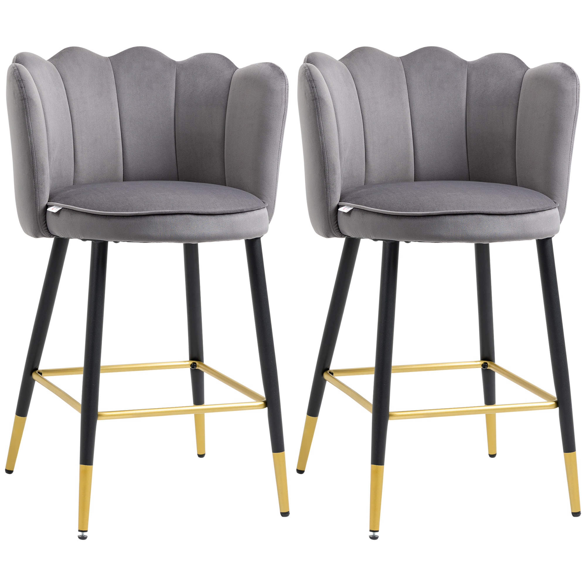 HOMCOM Set de 2 taburetes de bar aterciopelados con reposapiés y base de acero, 59x52x90cm, Gris   Aosom España