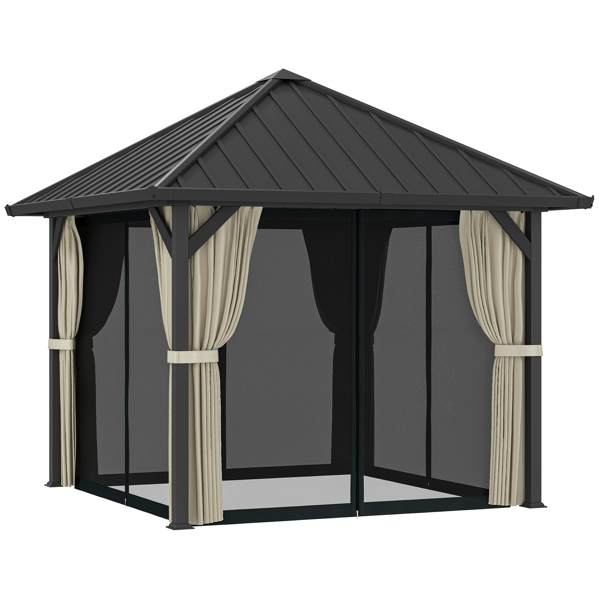 Outsunny Pabellón de techo rígido 3 x 3 m, pabellón de jardín con techo metálico, tienda de jardín impermeable con mosquitera y paredes laterales, Gris oscuro