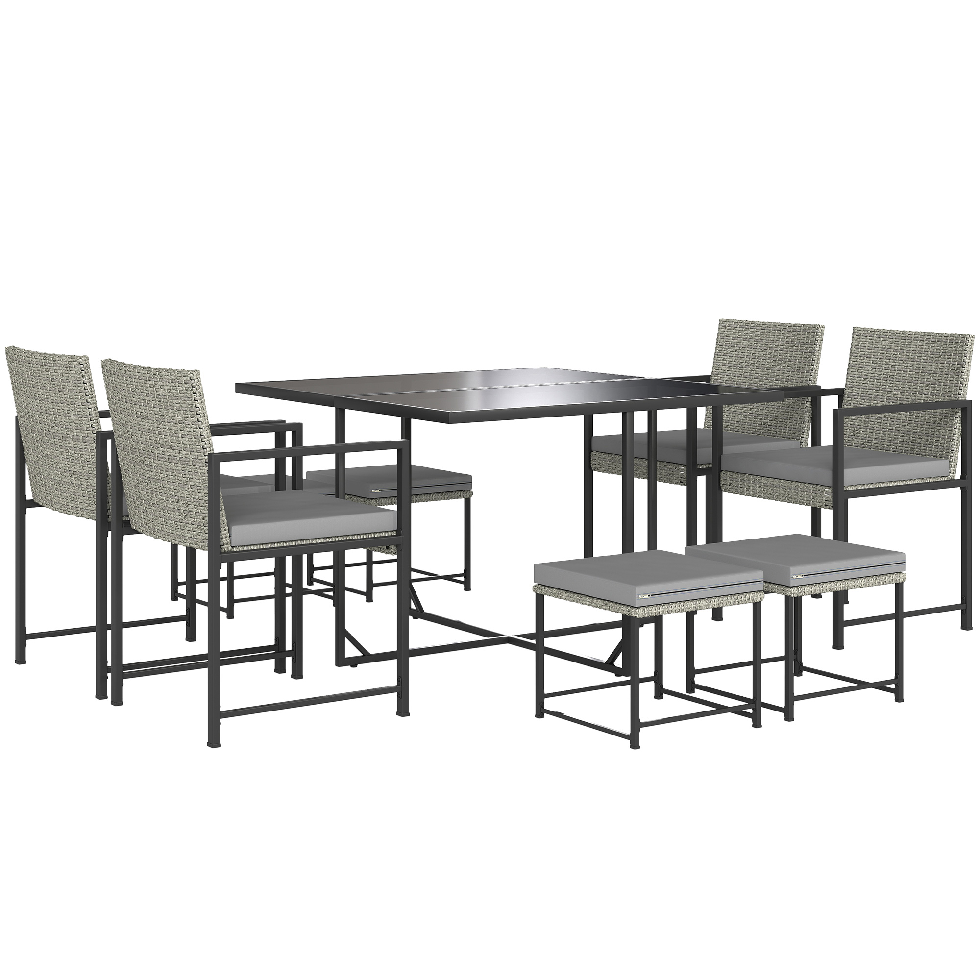 Outsunny Salón de jardín exterior de resina trenzada para 8 personas con cojines y tablero de vidrio templado, gris