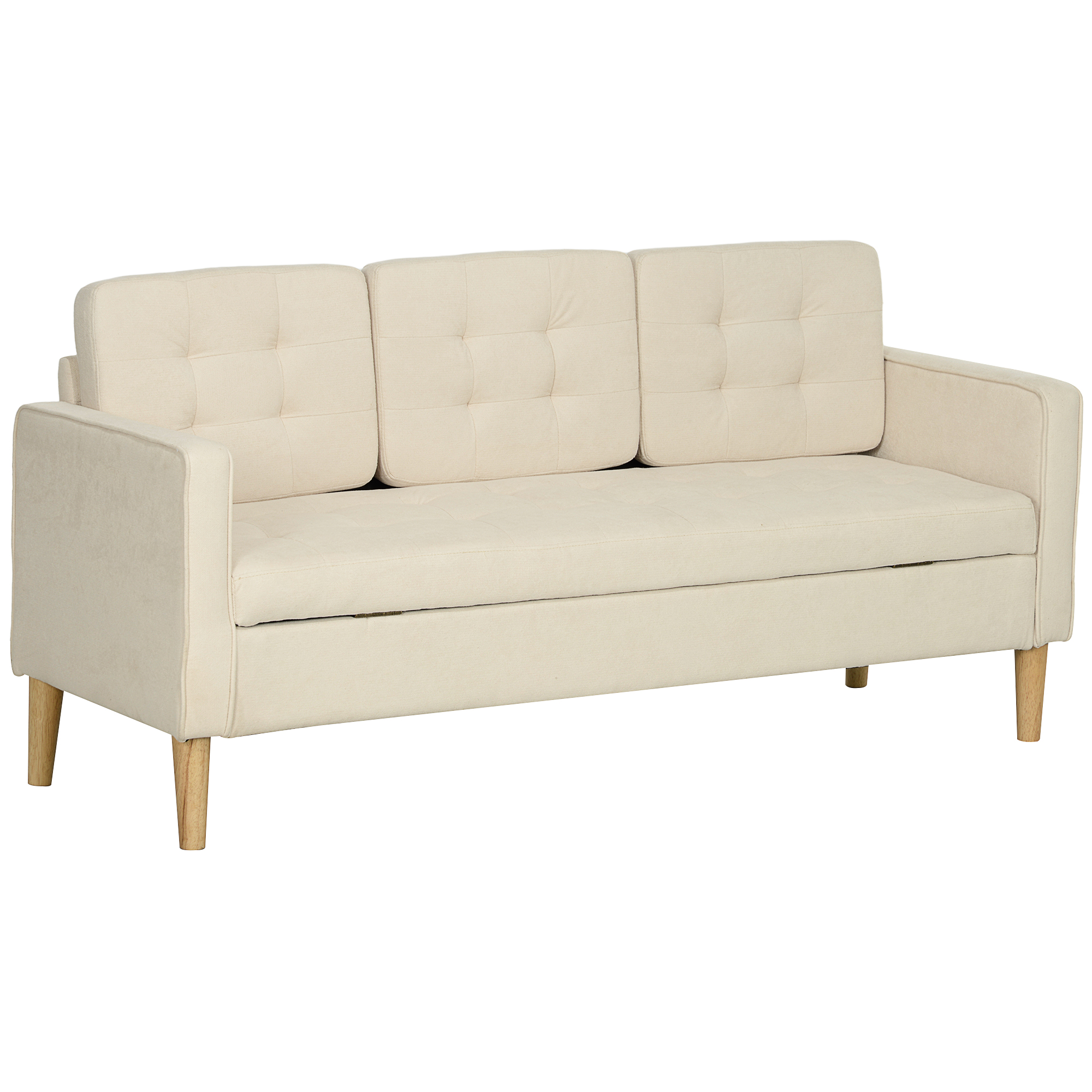 HOMCOM 3 Sitzer Sofa, Couch mit Stauraum, Holzbeine, Gepolsterter Polstersofa mit Samtoptik für Wohnzimmer, Schlafzimmer, 166,5 x 62 x 82 cm, Cremeweiß Aosom