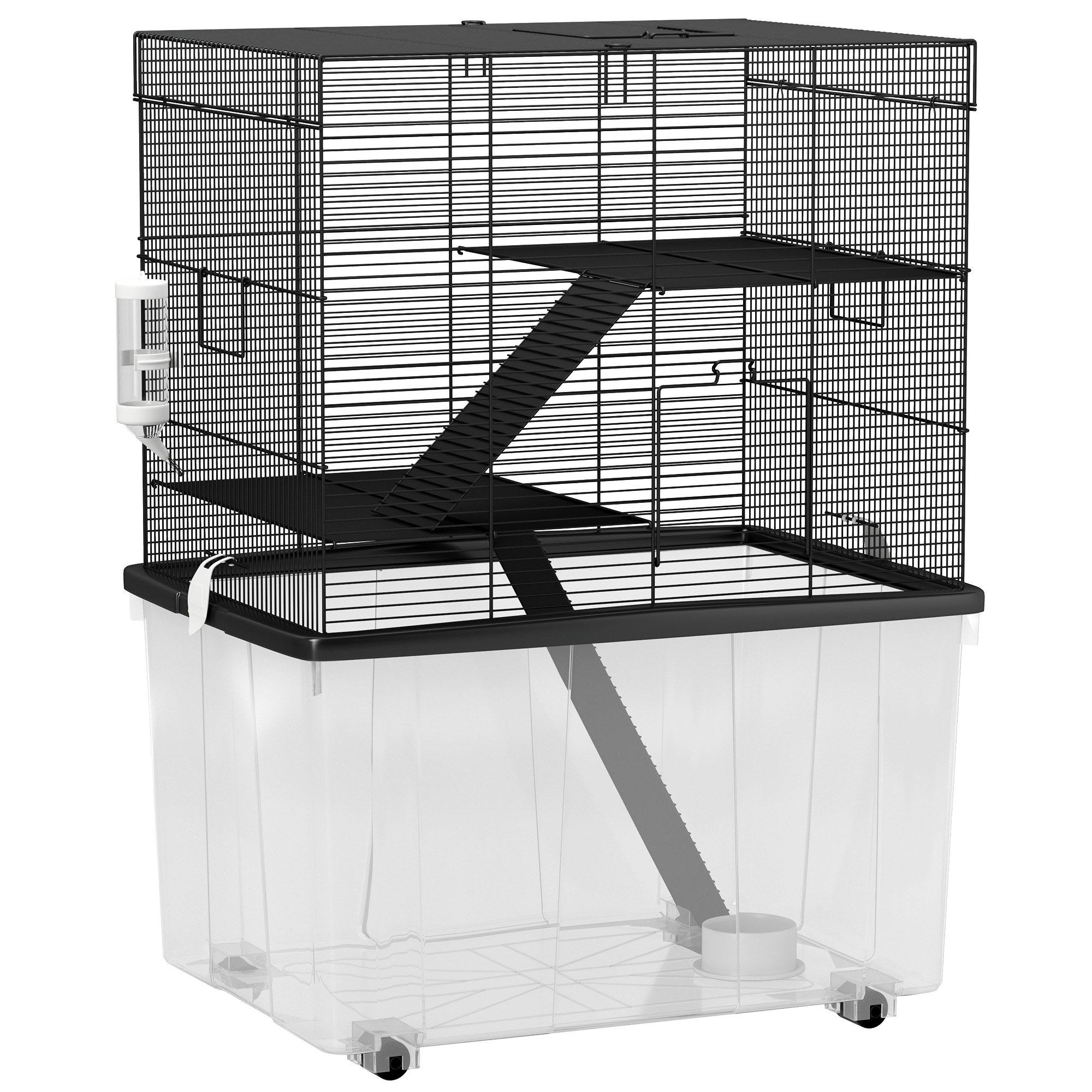 PawHut Jaula para Hámsters 3 Pisos con Ruedas, 2 Plataformas, Rampas, Comedero y Botella, 58x43x74 cm, Negro | Aosom España