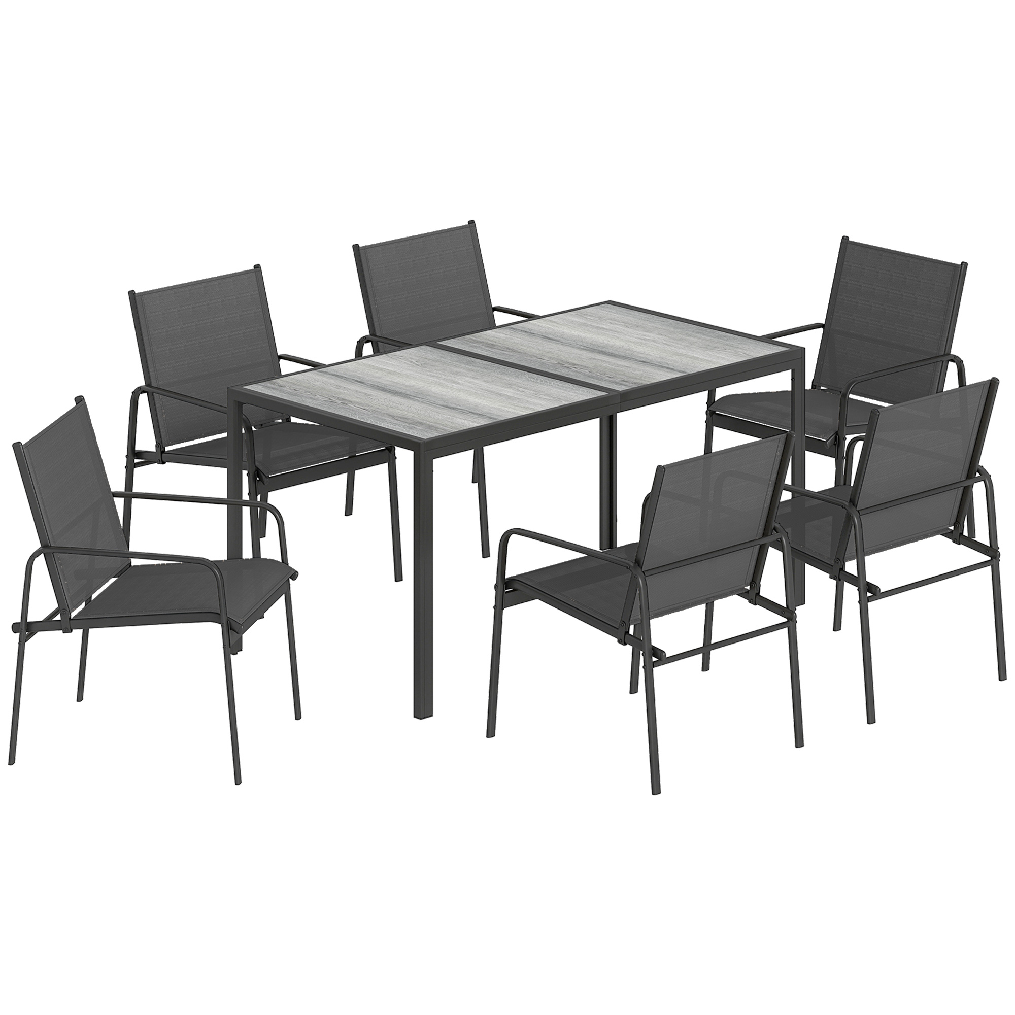 Outsunny Zestaw mebli ogrodowych komplet wypoczynkowy 150 x 80 cm stół z 6 oddychającymi krzesłami wygląd drewna stalowy stelaż Czarny | Aosom PL