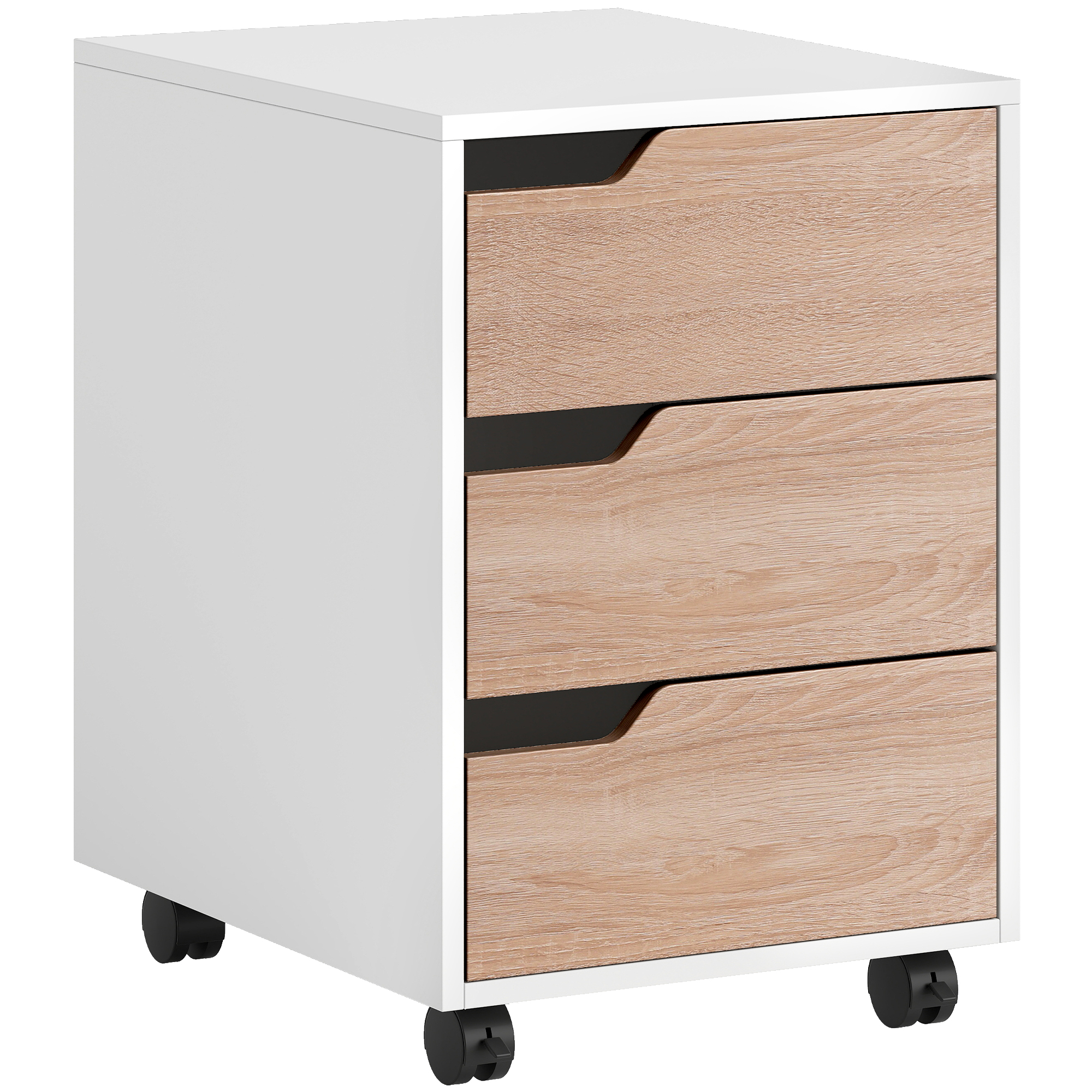 HOMCOM Rollcontainer, Aktenschrank, Bürocontainer mit 3 Schubladen, Büroschrank, Aufbewahrung, Container,4 Universalräder, MDF, Natur+Weiß Aosom