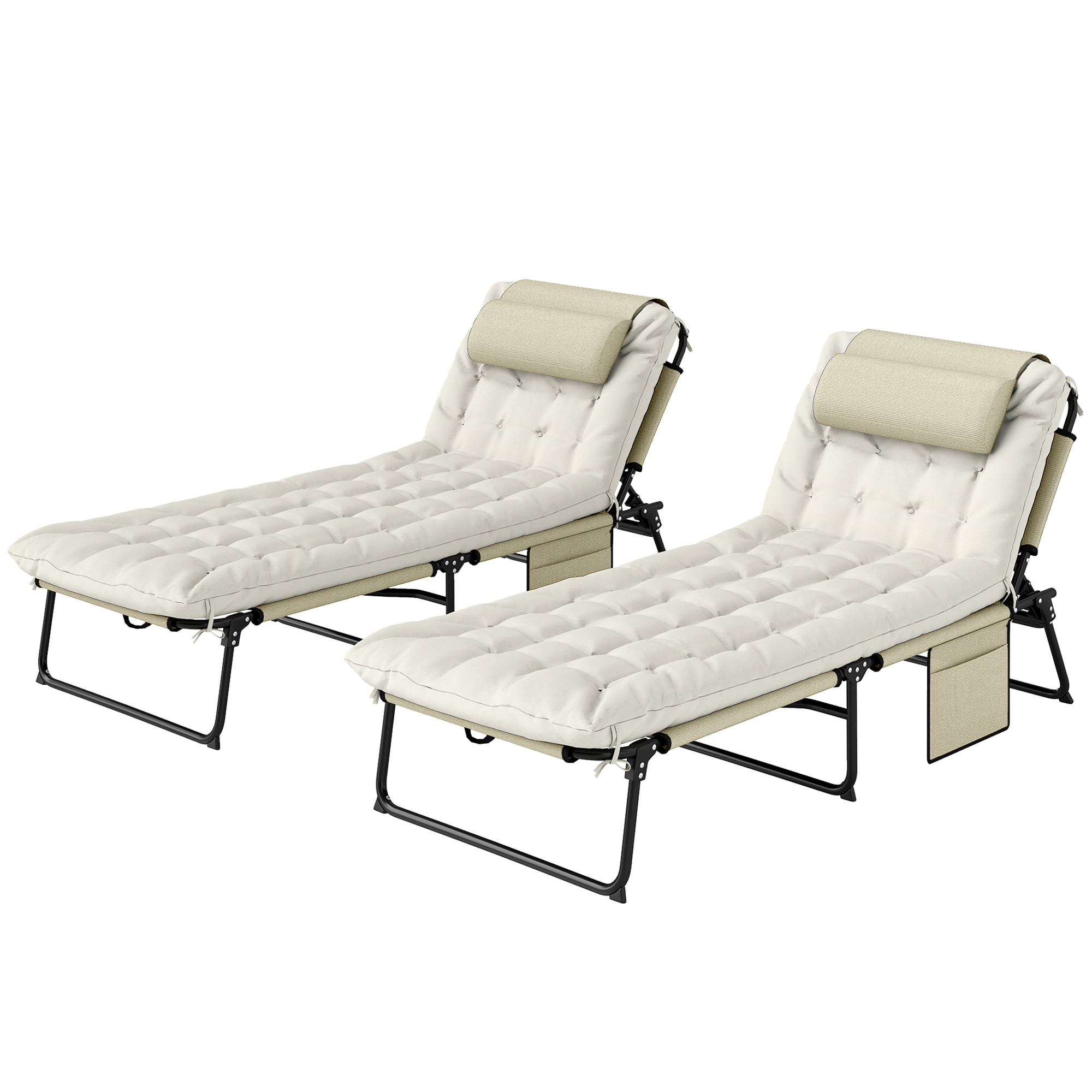 Outsunny Lote de 2 tumbonas plegables con respaldo reclinable 4 posiciones - reposacabezas y colchón grueso beige