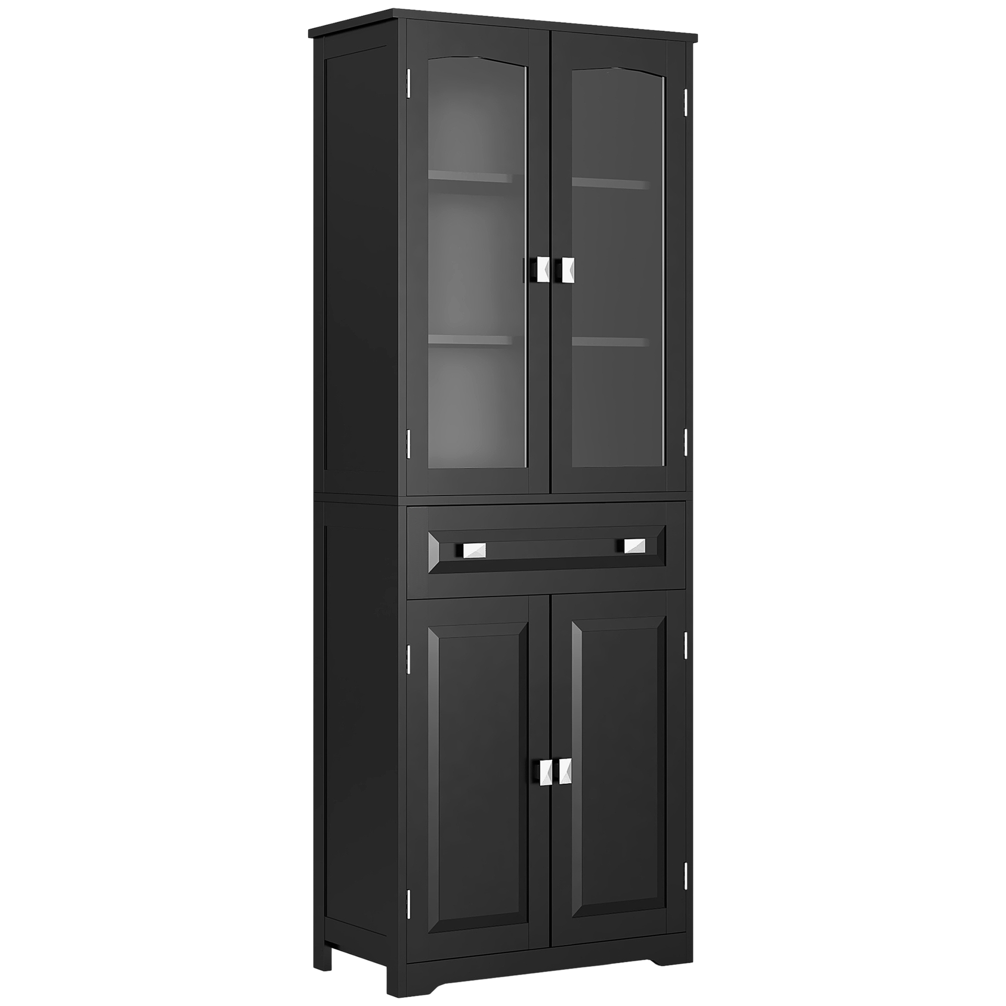 HOMCOM Küchenhochschrank Buffet 4 Türen, davon 2 Glastüren, und 1 Schublade, Höhe 160 cm mit höhenverstellbaren Einlegeböden, schwarz Aosom