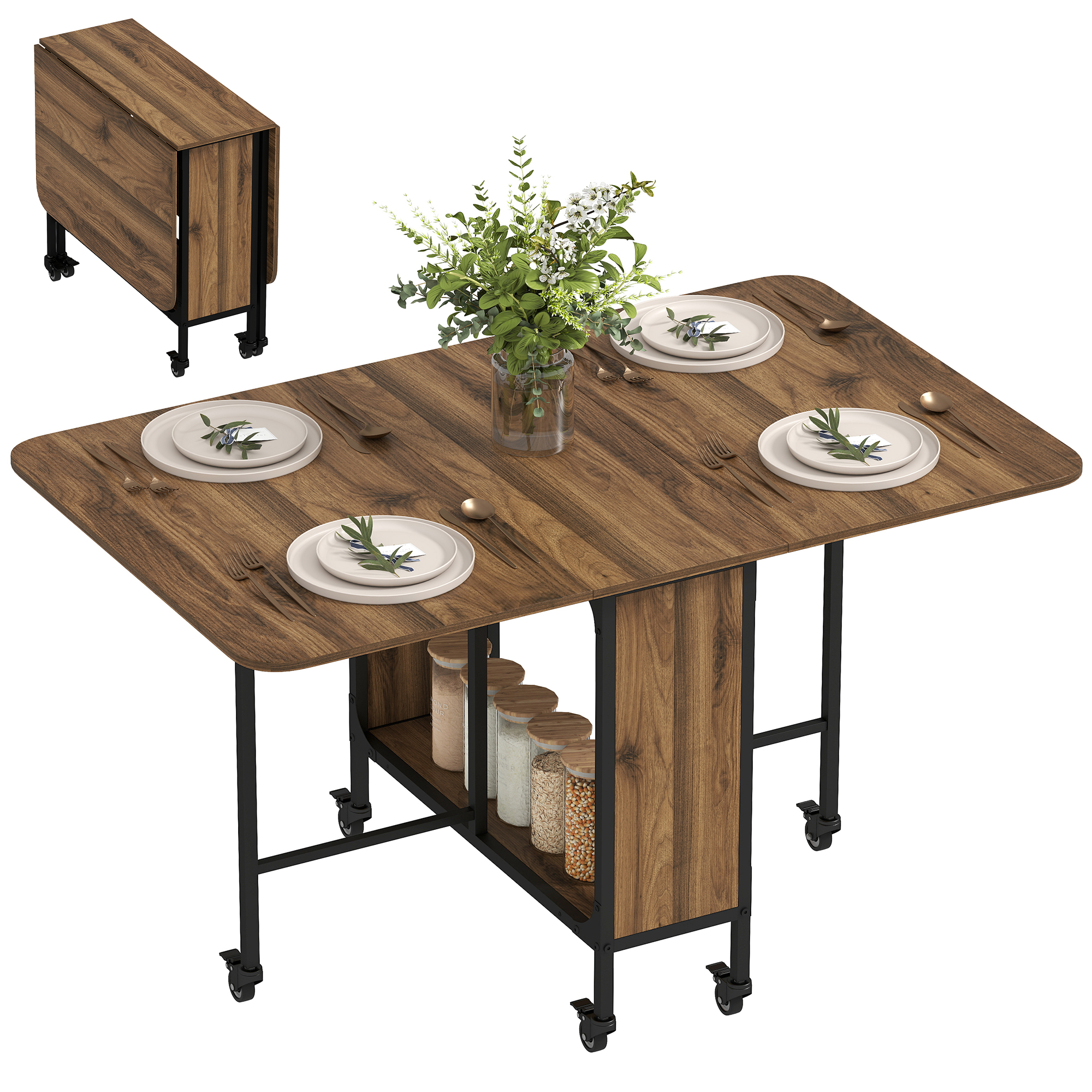 HOMCOM klaptafel, ruimtebesparend, 2 inklapbare zijden, eenvoudig te verplaatsen met 6 wielen, met Opbergruimte, 130 x 80 x 74 cm, bruin | Aosom.nl