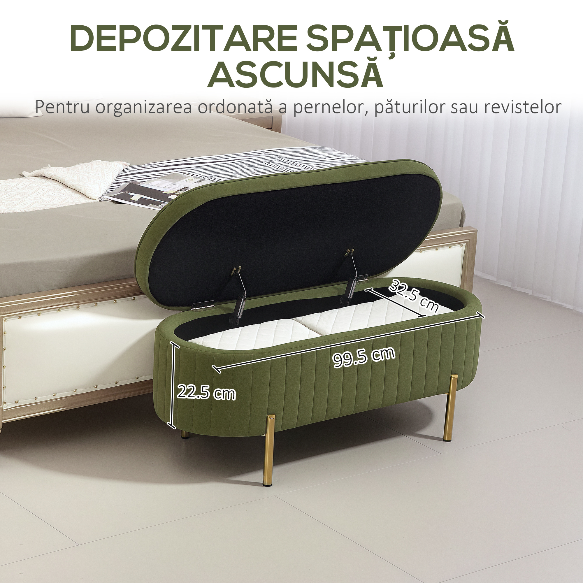  Bancuta Tapitata pentru Dormitor cu Capitonaj Canelat si Picioare Metalice, 108x44x43,5 cm, Verde [5]