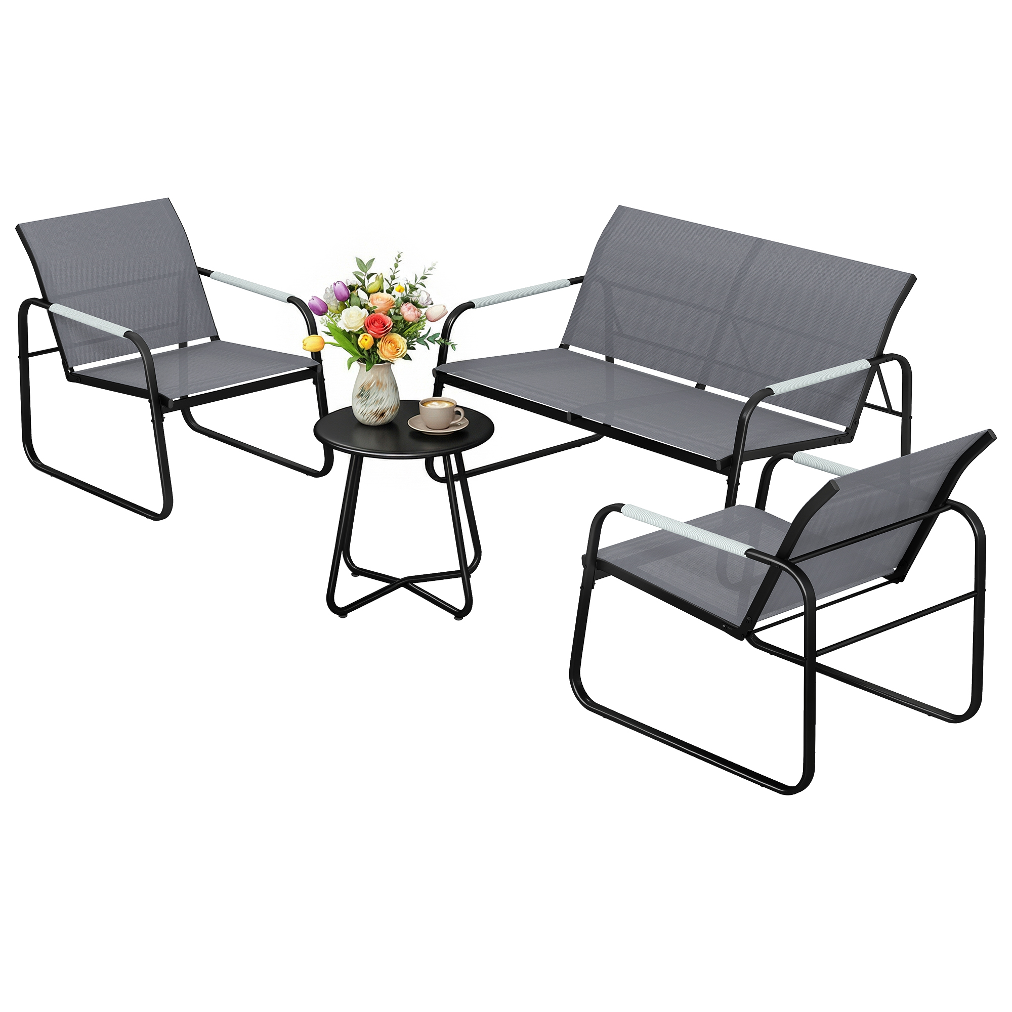 Outsunny Set de mobilier de jardin 4 places Respirant Salon de jardin avec canapé 2 places 2 fauteuils Tressage corde Table ronde Patins