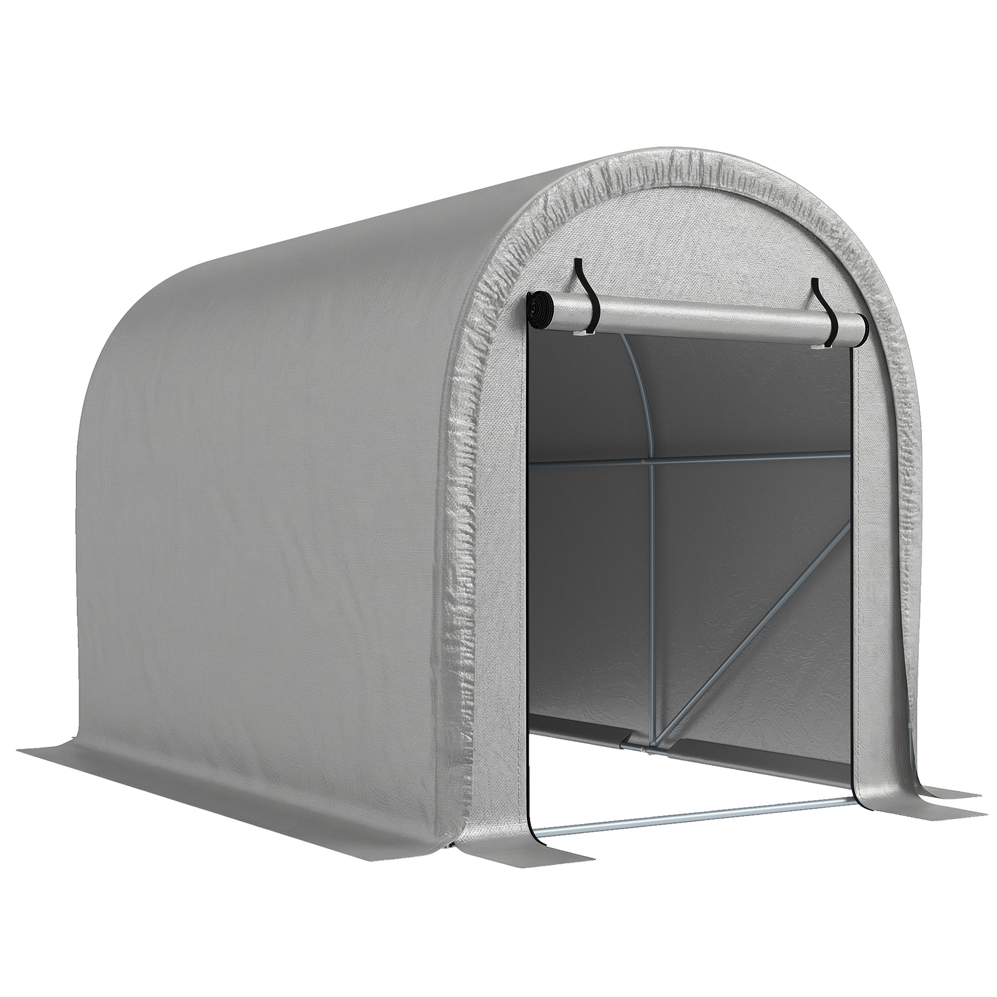 Outsunny Cobertizo portátil 244 x 152 cm, tienda para bicicletas resistente al agua con puerta enrollable con cremallera y estructura de acero galvanizado, Gris claro