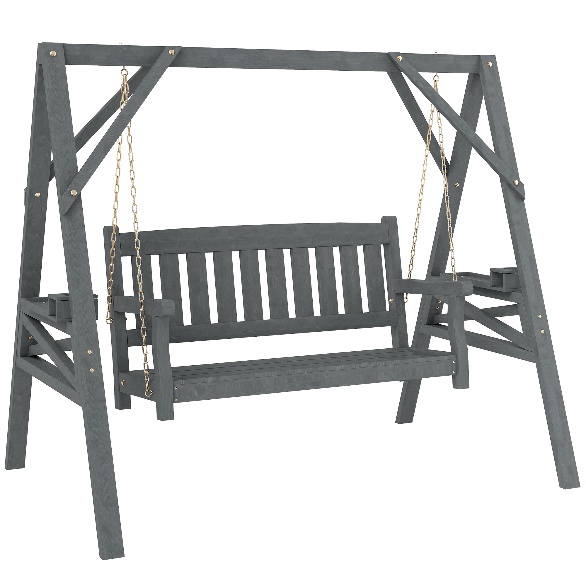 Outsunny Columpio de jardín para 2 personas, banco colgante de madera con estantes, portavasos y cadenas metálicas, Gris