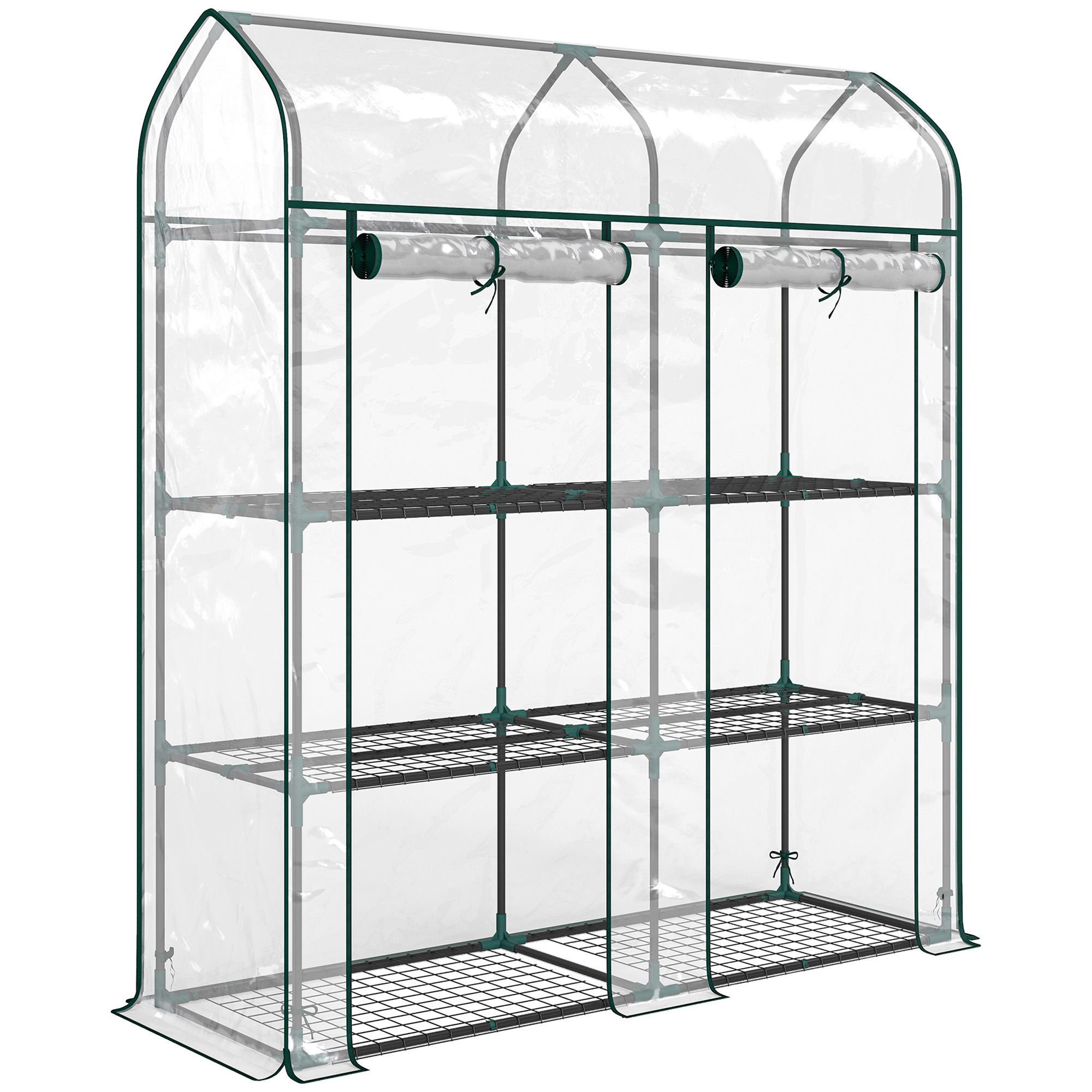 Outsunny Invernadero Pequeño de 3 Niveles 2 Puertas Enrollables Marco de Acero Cubierta de Plástico 143x46x165 cm Transparente