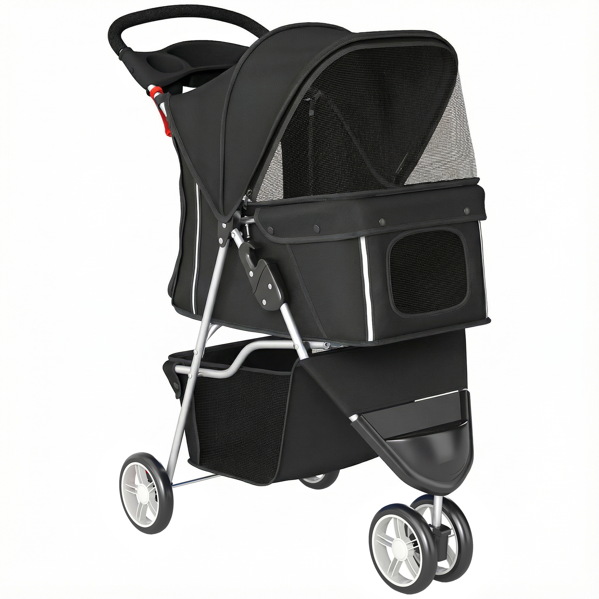 PawHut Carrito para Perros Pequeños con Cesta de Almacenaje Ventanas de Malla y Cinturón de Seguridad 77x44x102 cm Negro