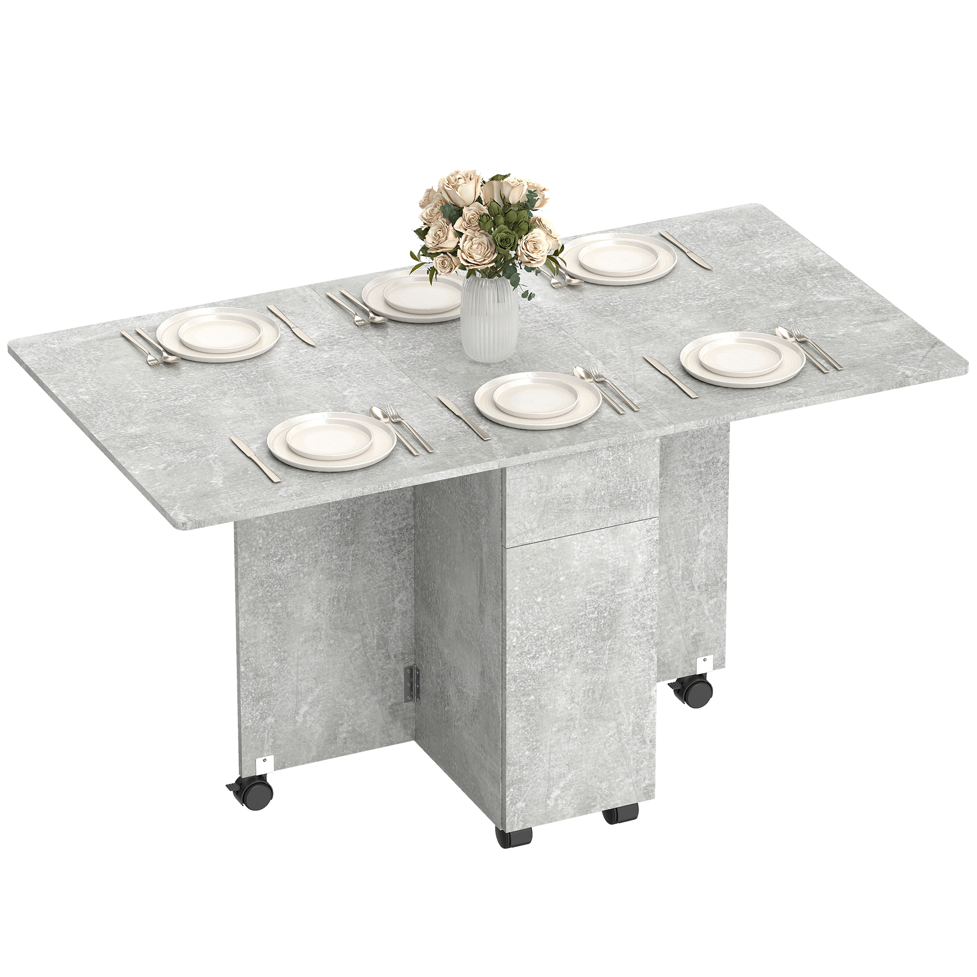Table Pliante avec Rallonges, Tiroirs, 6 Roulettes, Gris Ciment