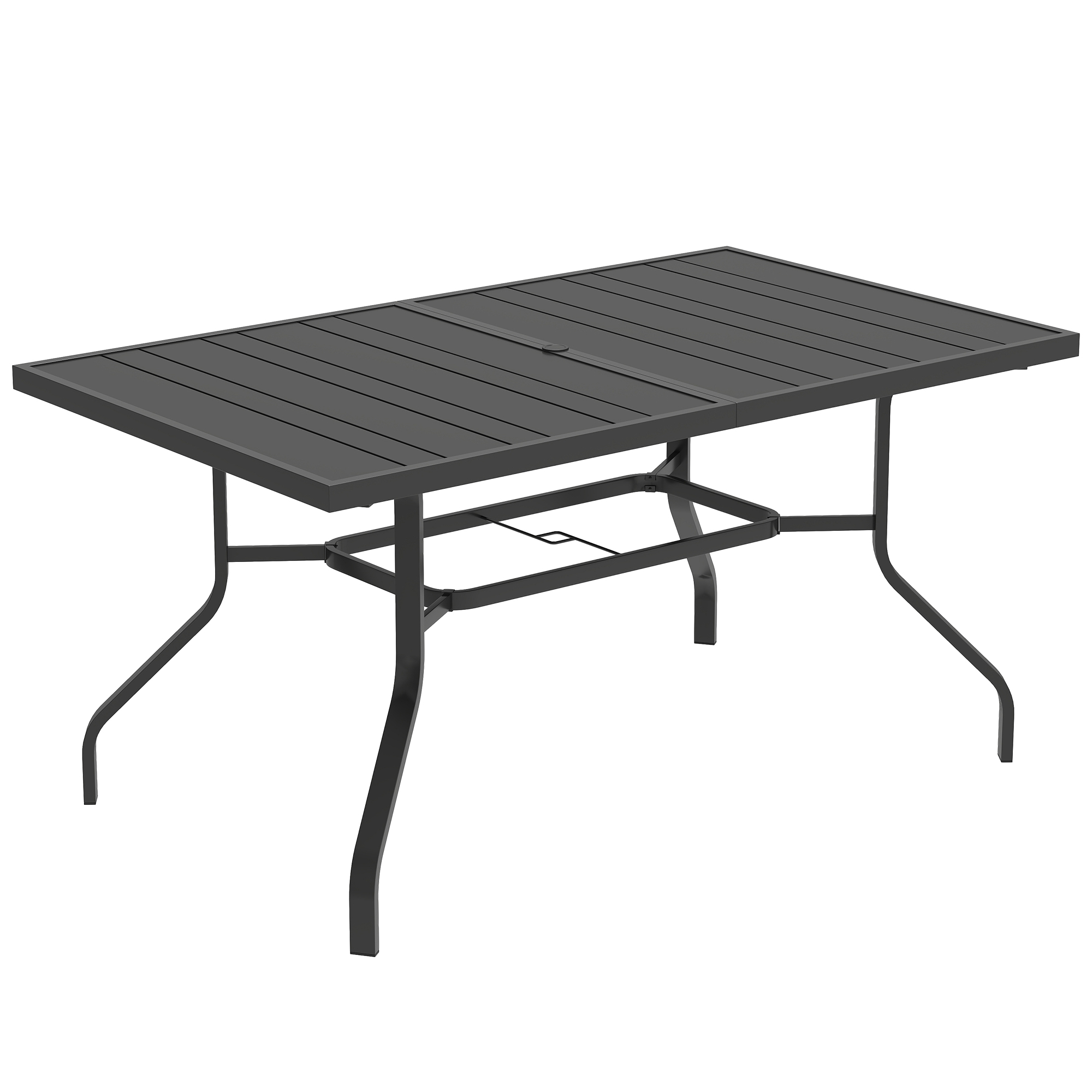 Outsunny Stół Ogrodowy 152x90 cm, Stół Balkonowy Odporny na Warunki Pogodowe, z Otworem na Parasol, Design z Lamelami, Czarny