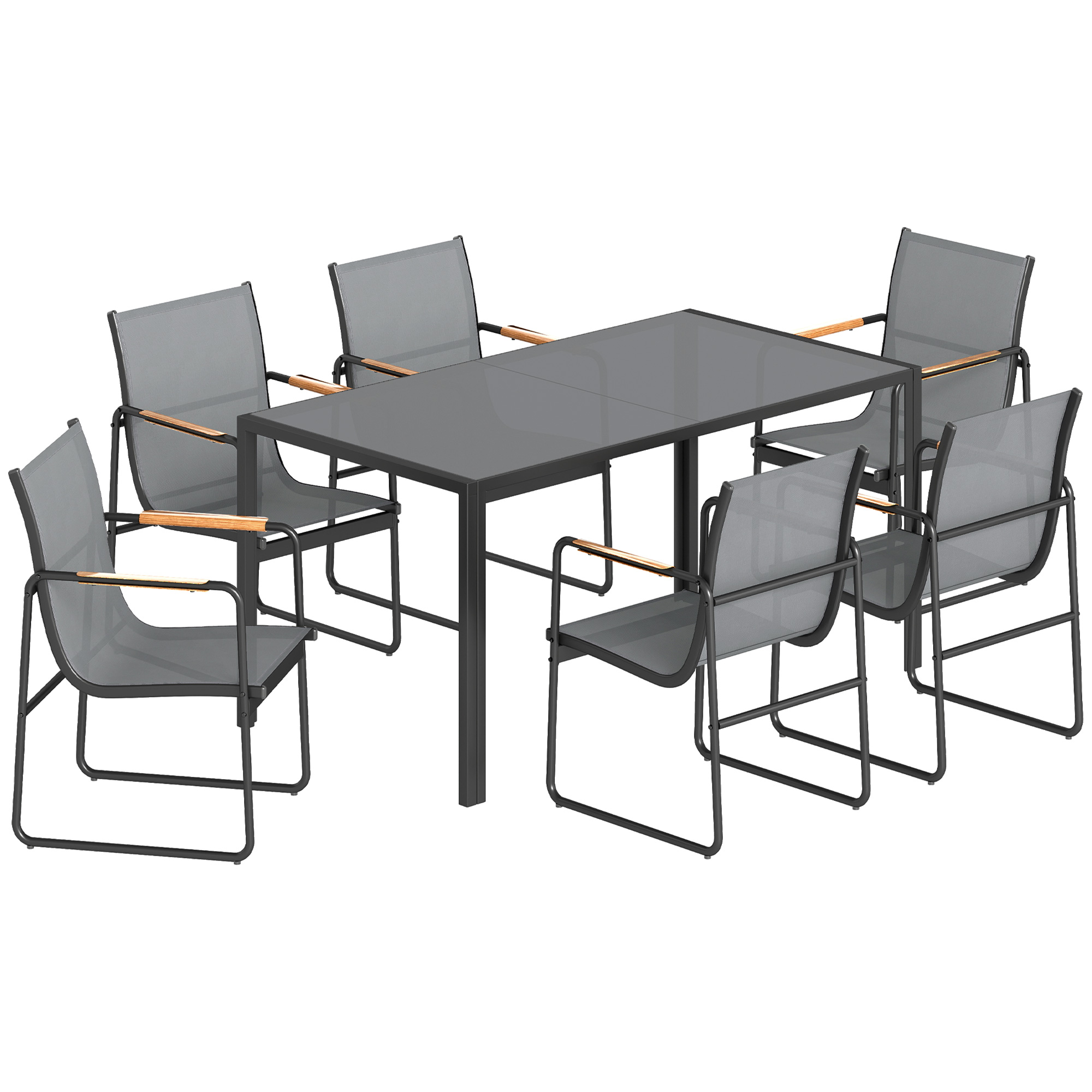 Outsunny Conjunto de Mesa y Sillas Jardín con Mesa de Vidrio Templado y 6 Sillas Transpirables para Terraza Patio Gris