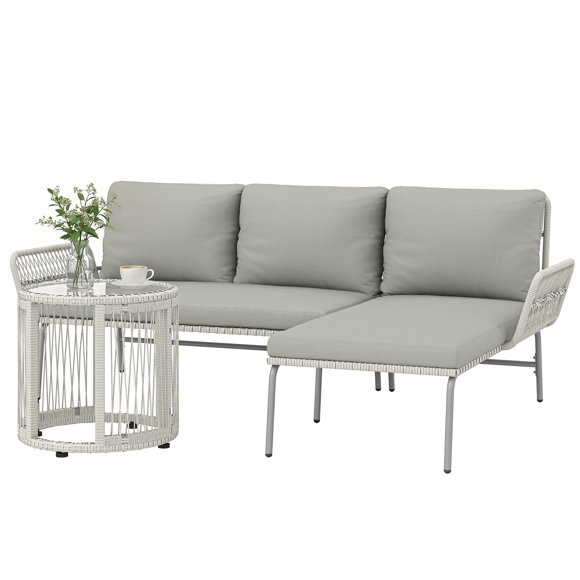 Outsunny Polyrattan Set de meubles de jardin 3 pièces, salon avec chaiselongue canapé 2 places table en verre coussins amovibles