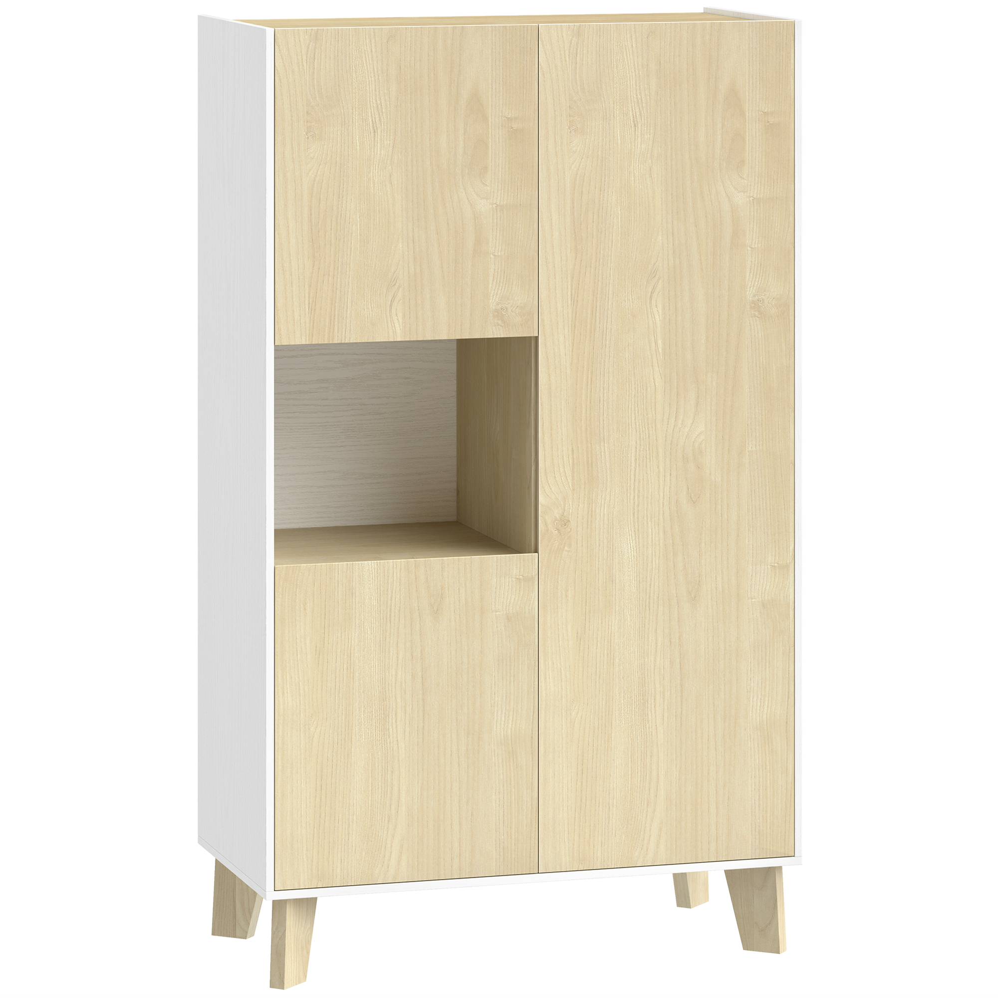 HOMCOM Aparador para salón, mueble de almacenamiento con 6 compartimentos y puertas con cierre amortiguado, 80x40x135cm, blanco y madera natural