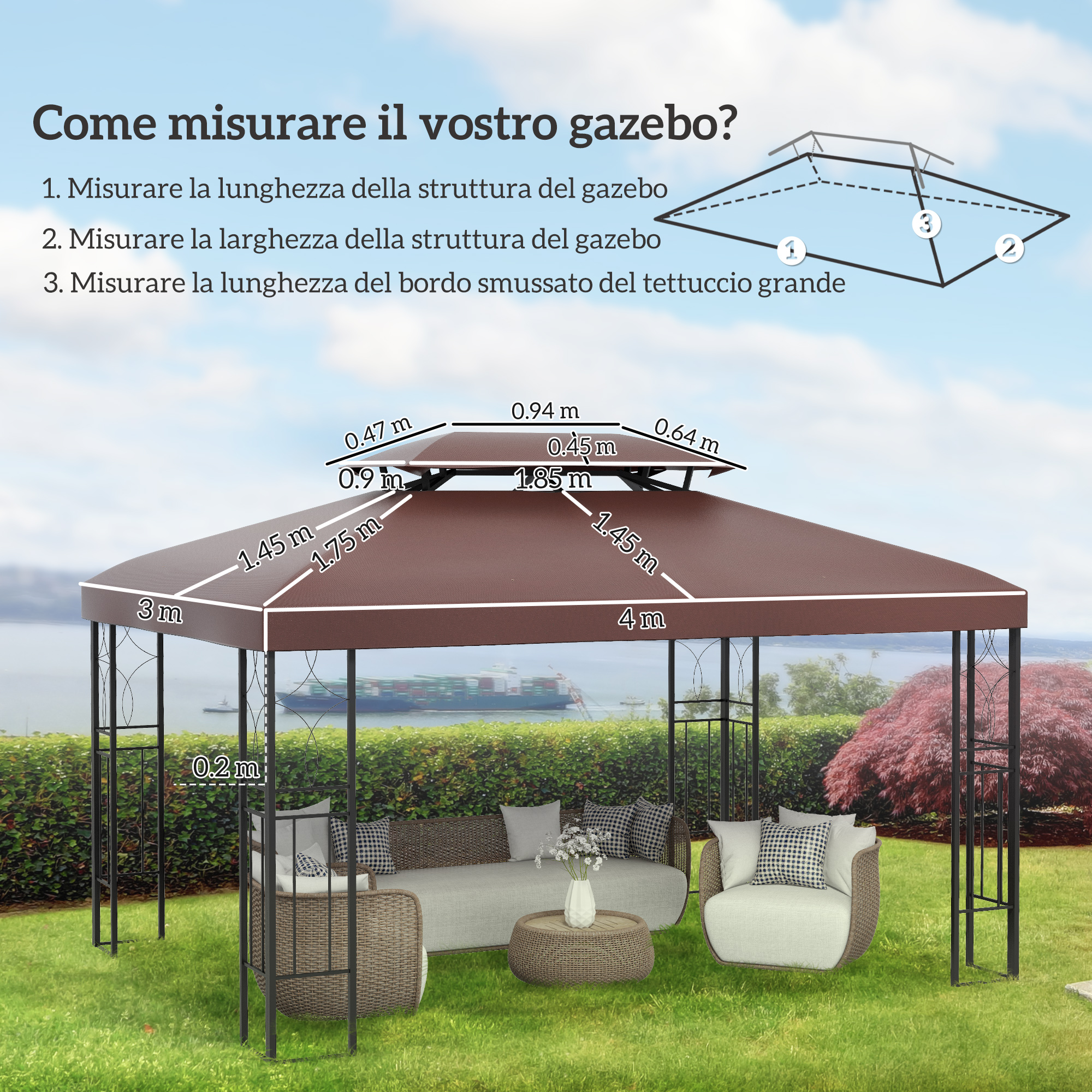 Telo Ricambio Per Gazebo 3x3 M – Impermeabile E Anti-UV, Khaki, Con Ricamo - Foto 2
