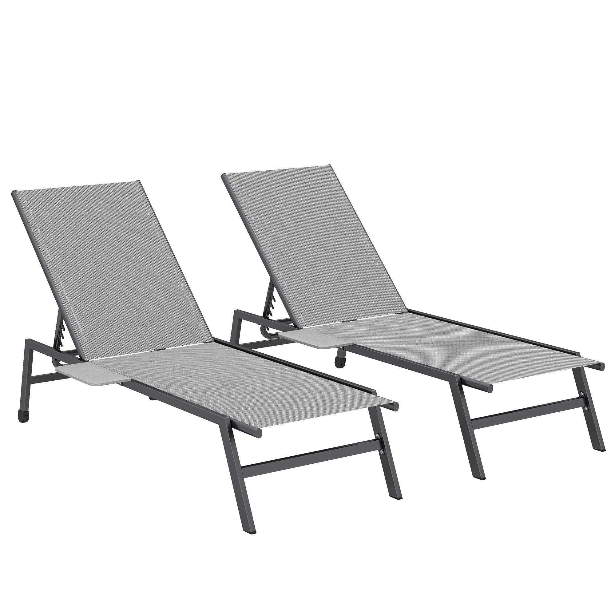 Outsunny Set de 2 tumbonas para jardín con respaldo ajustable en 5 posiciones, mesa lateral, 2 ruedas, pies antideslizantes, gris