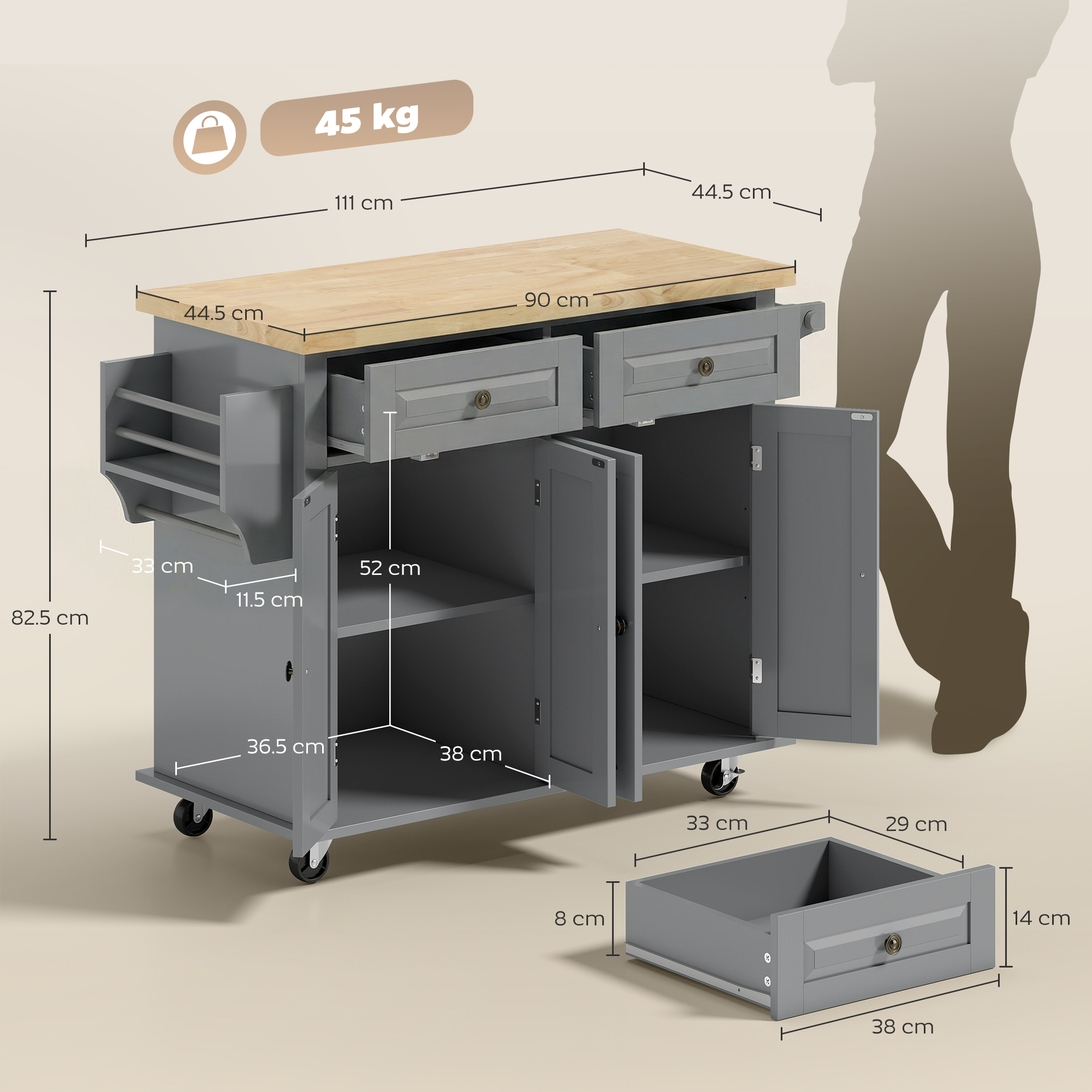  Carut de Bucatarie cu 2 Sertare si 2 Dulapuri, Insula de Bucatarie cu Blat din Lemn, 111x44,5x82,5 cm, Gri [2]