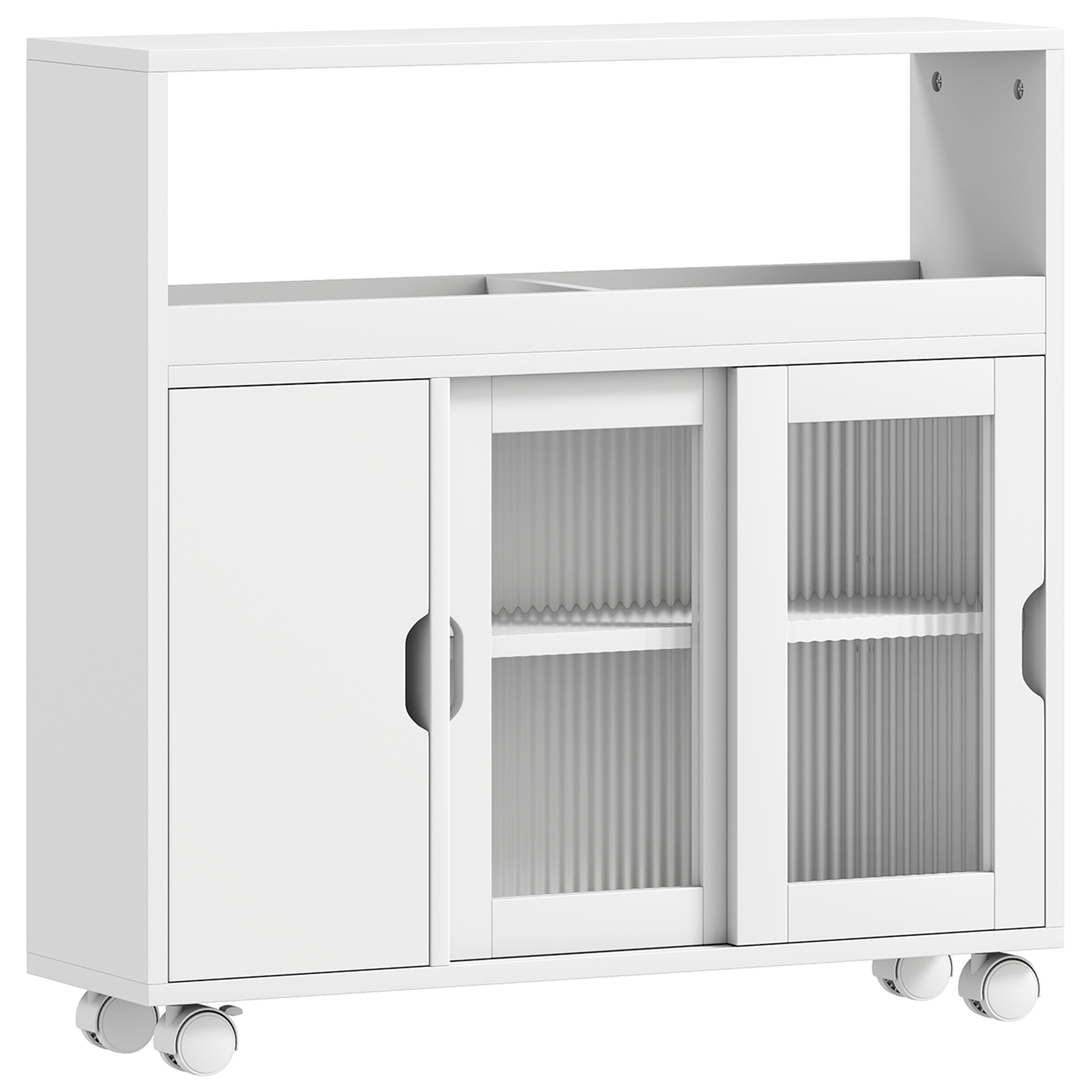 HOMCOM Mueble de baño con ruedas, estante regulable, puerta corredera de vidrio templado, Blanco