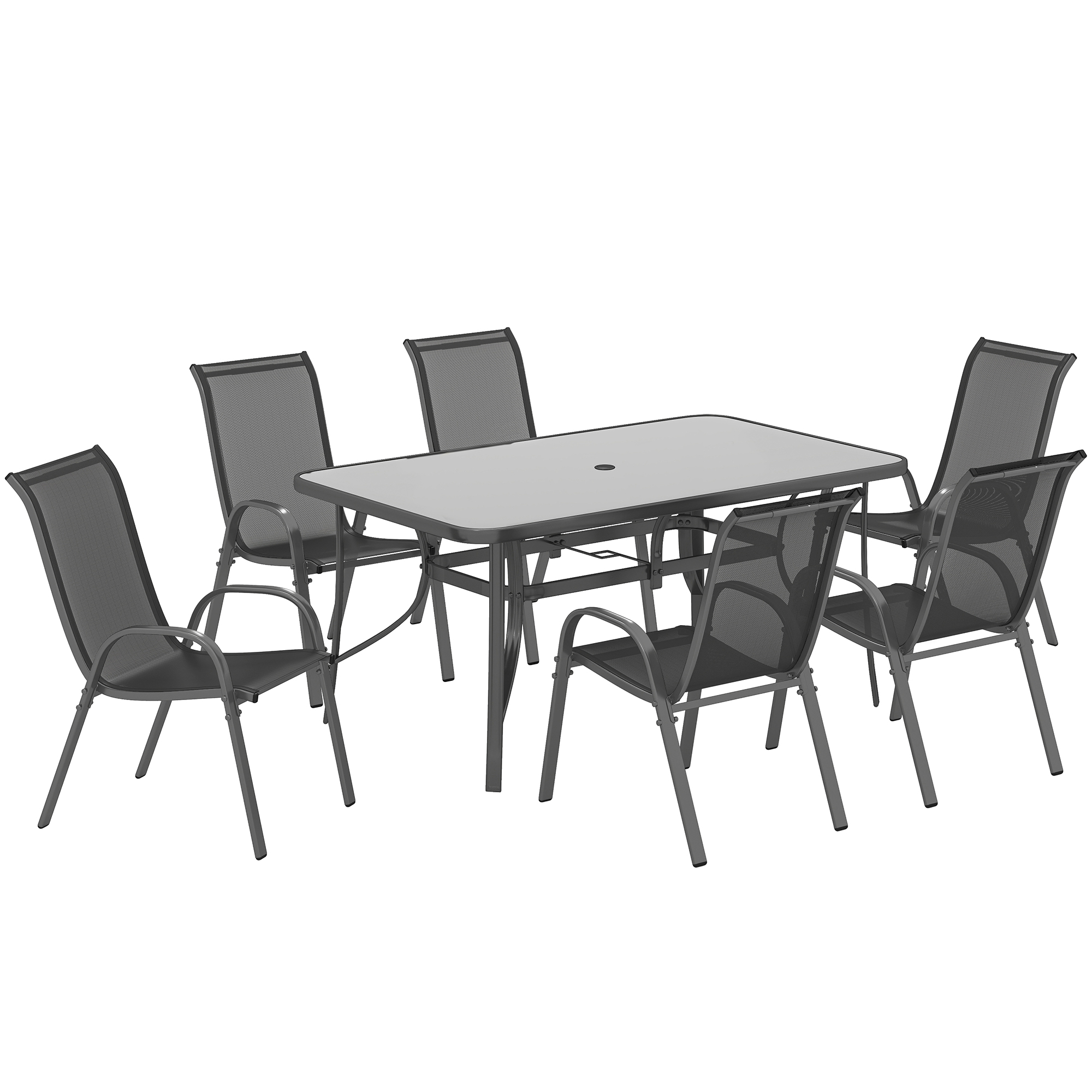 Outsunny Juego de Mesa y 6 Sillas para Terraza con Orificio para Sombrilla y Encimera de Cristal para Terraza Patio Gris