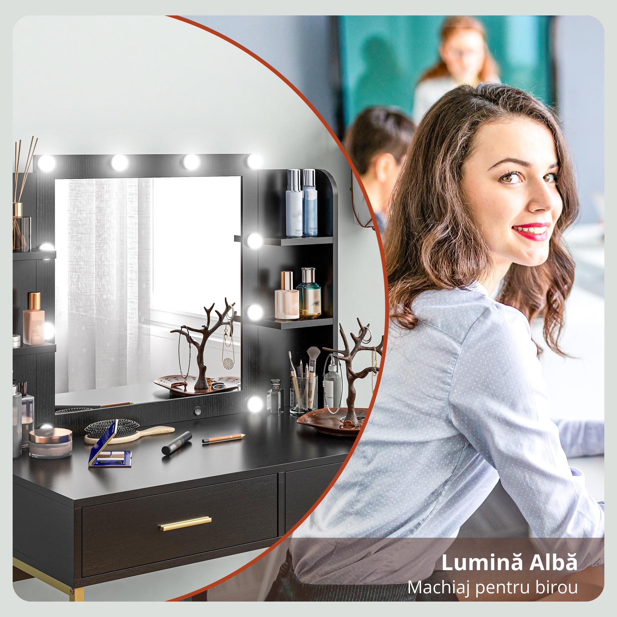  Masa de Machiaj cu Oglinda, 10 Becuri si Taburet Captusit, 90x45x132,5 cm, Negru [6]