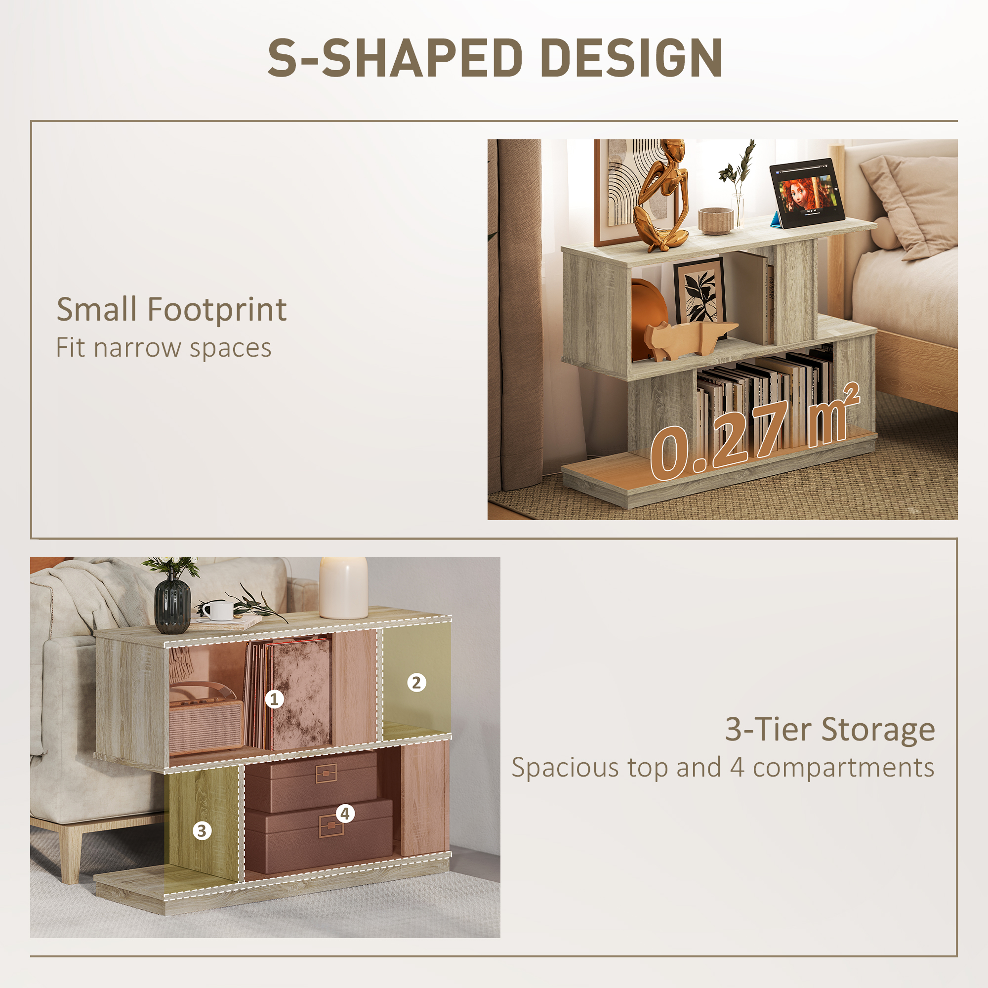  Masuta de cafea moderna in forma de S cu 4 rafturi 90x30x61 cm Lemn [3]