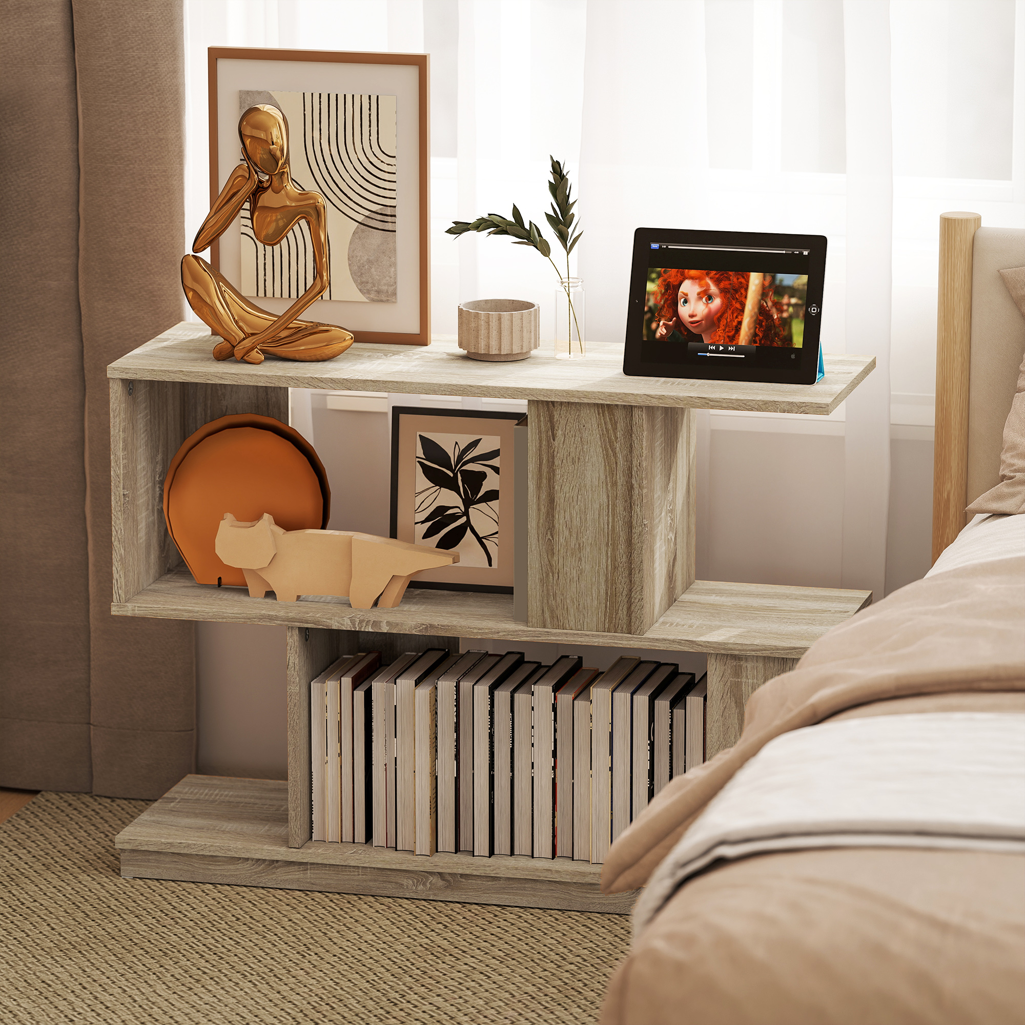  Masuta de cafea moderna in forma de S cu 4 rafturi 90x30x61 cm Lemn [7]