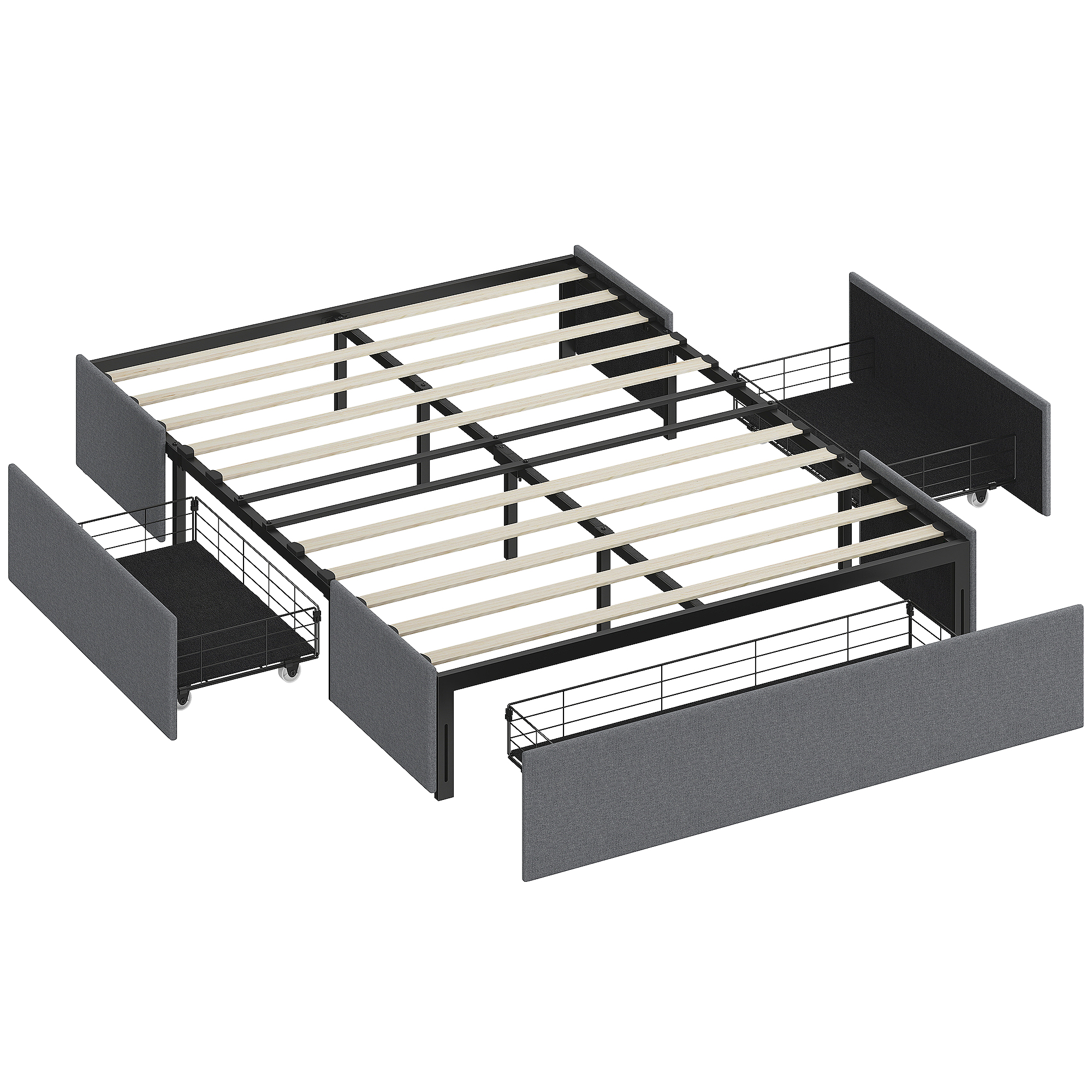 HOMCOM Cama con cajones 140x190 cm, estructura de cama doble tapizada con 3 cajones, somier de listones LVL, silenciosa, gris   Aosom España