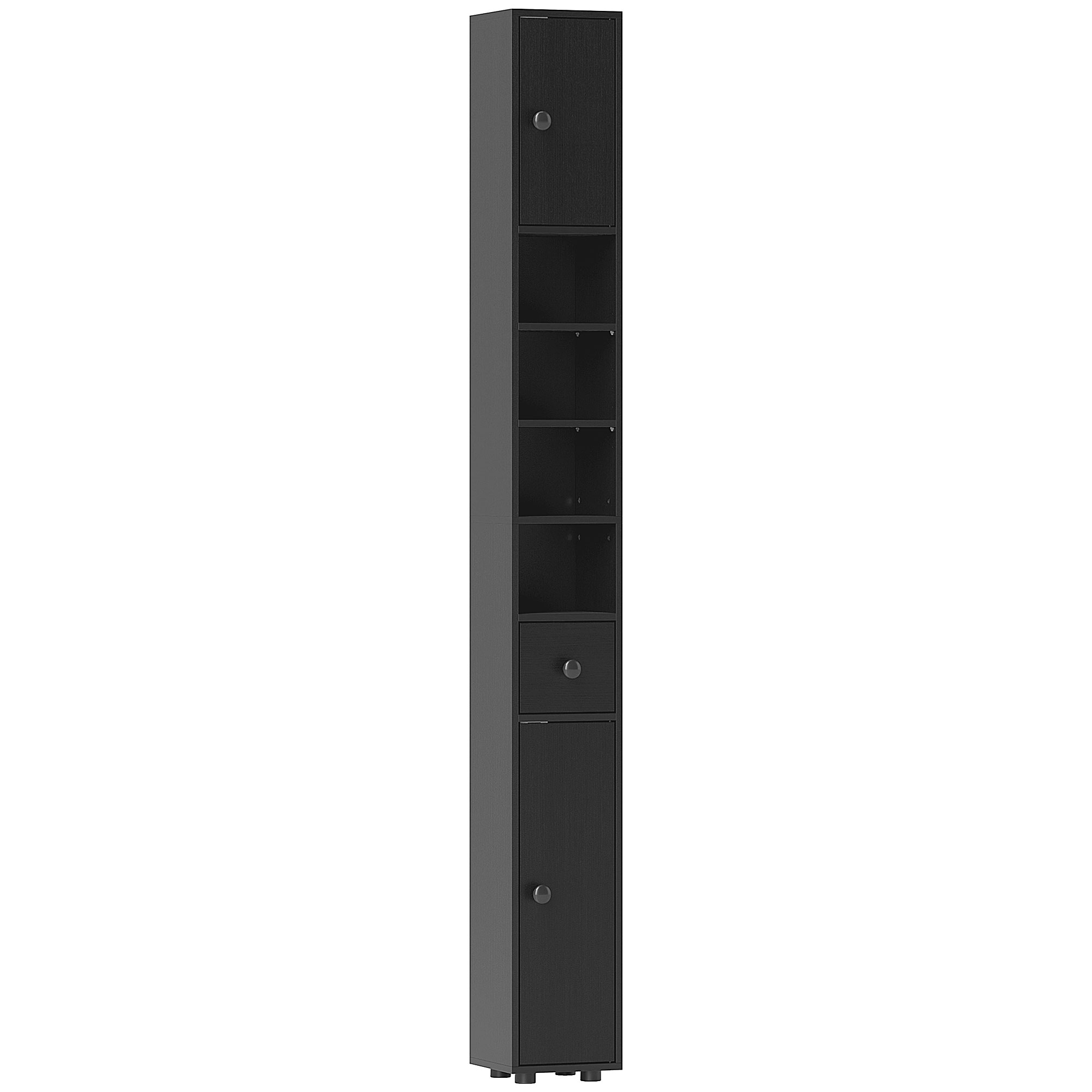 kleankin Hoher Badezimmerschrank, schmale Badsäule mit 1 Schublade, 4 offenen Regalböden und verstellbaren Einlegeböden, 2 Türen, moderner Stil, für kleine Räume, 20x20x180 cm, Schwarz Aosom