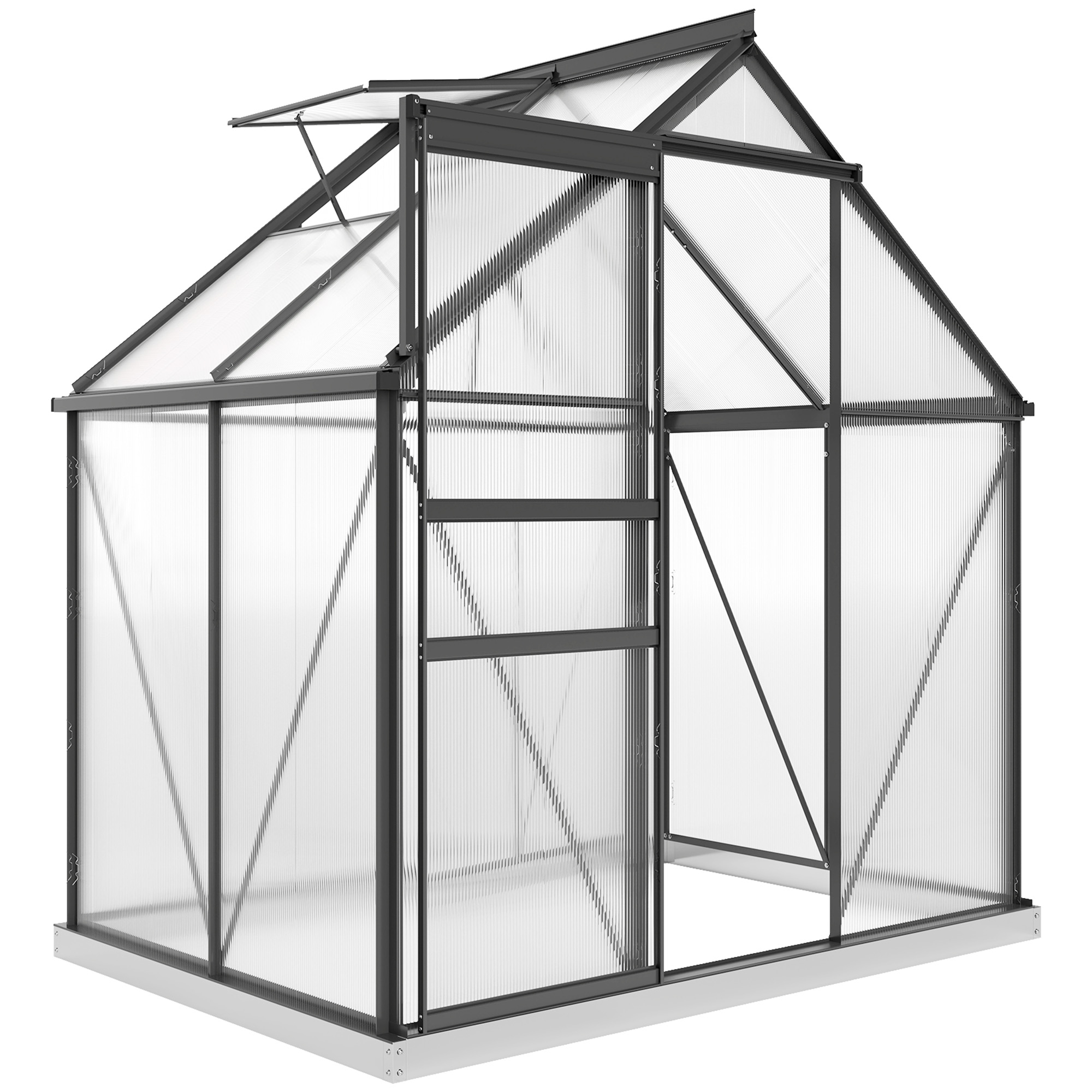 Outsunny Polycarbonat-Gewächshaus mit Aluminiumlegierungsrahmen 2,5 m², Gewächshaus für den Gemüsegarten mit Fundament, Dachrinnen, verstellbare Dachfenster, Flügeltür, für Pflanzen, UV-beständig, Grau Aosom