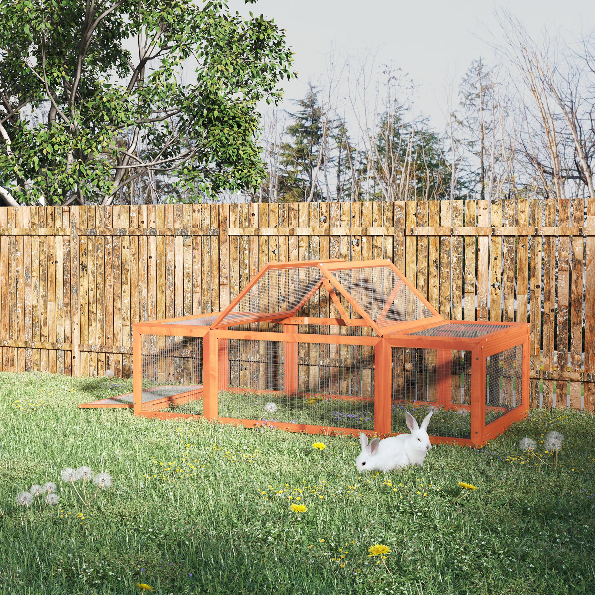 PawHut Konijnenren Buiten Ruim Verblijf met Ren Massief Houten Frame 100x60x100 cm Veilig Ontwerp Verhoogde Bodem Oranje | Aosom.nl