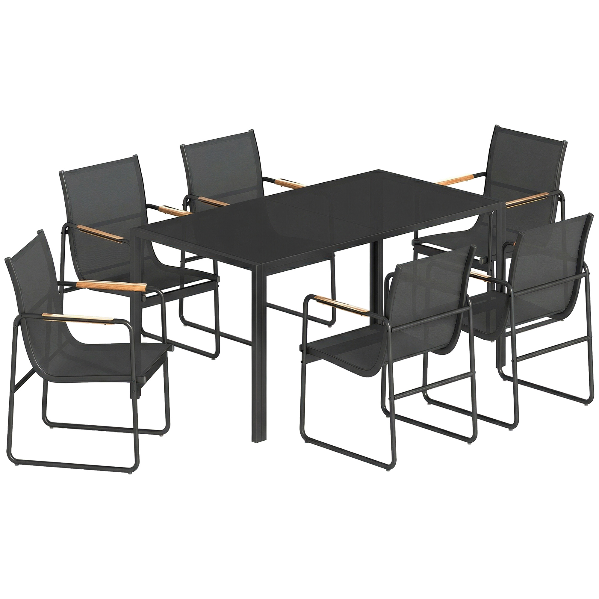 Outsunny Zestaw Mebli Ogrodowych 150 x 80cm Stół Szklany z 6 Oddychającymi Krzesłami Dekoracyjne Podłokietniki Czarny | Aosom PL