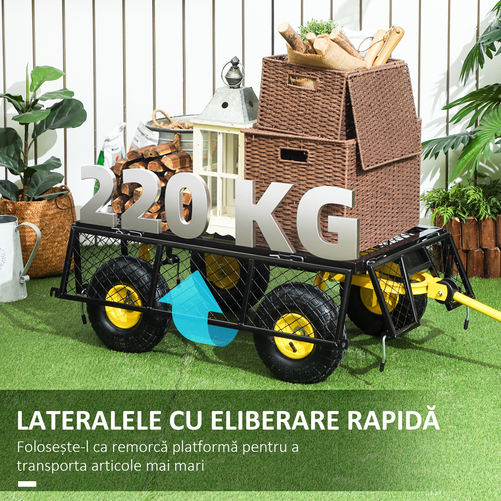  Carucior de Gradina din Otel cu Capacitate de 200 kg si Pereti Laterali Detasabili, 104x54x51 cm, Negru si Galben [4]