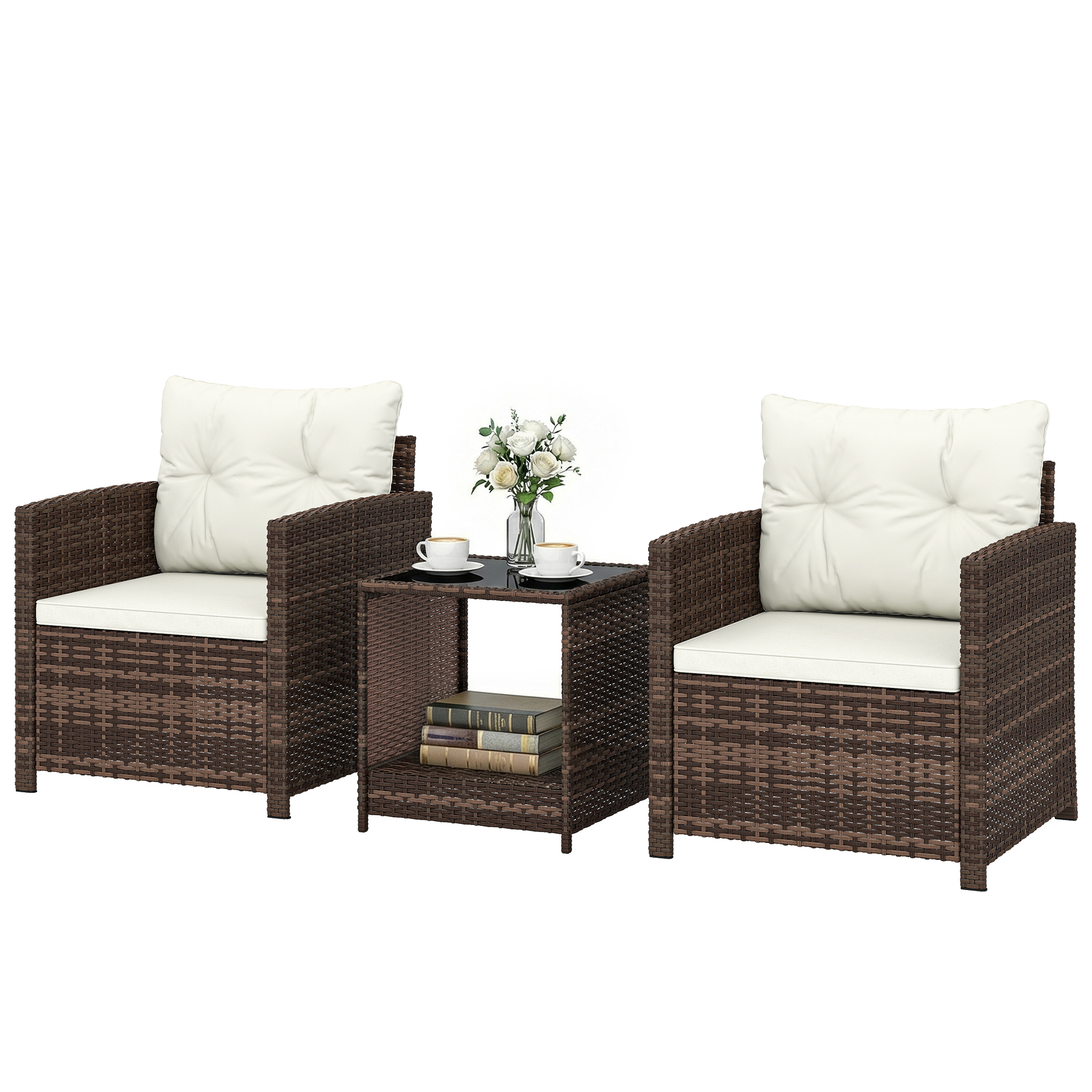 Outsunny Ensemble bistro extérieur 3 pièces en rotin avec table à 2 niveaux, coussins pour balcon et terrasse, marron et crème
