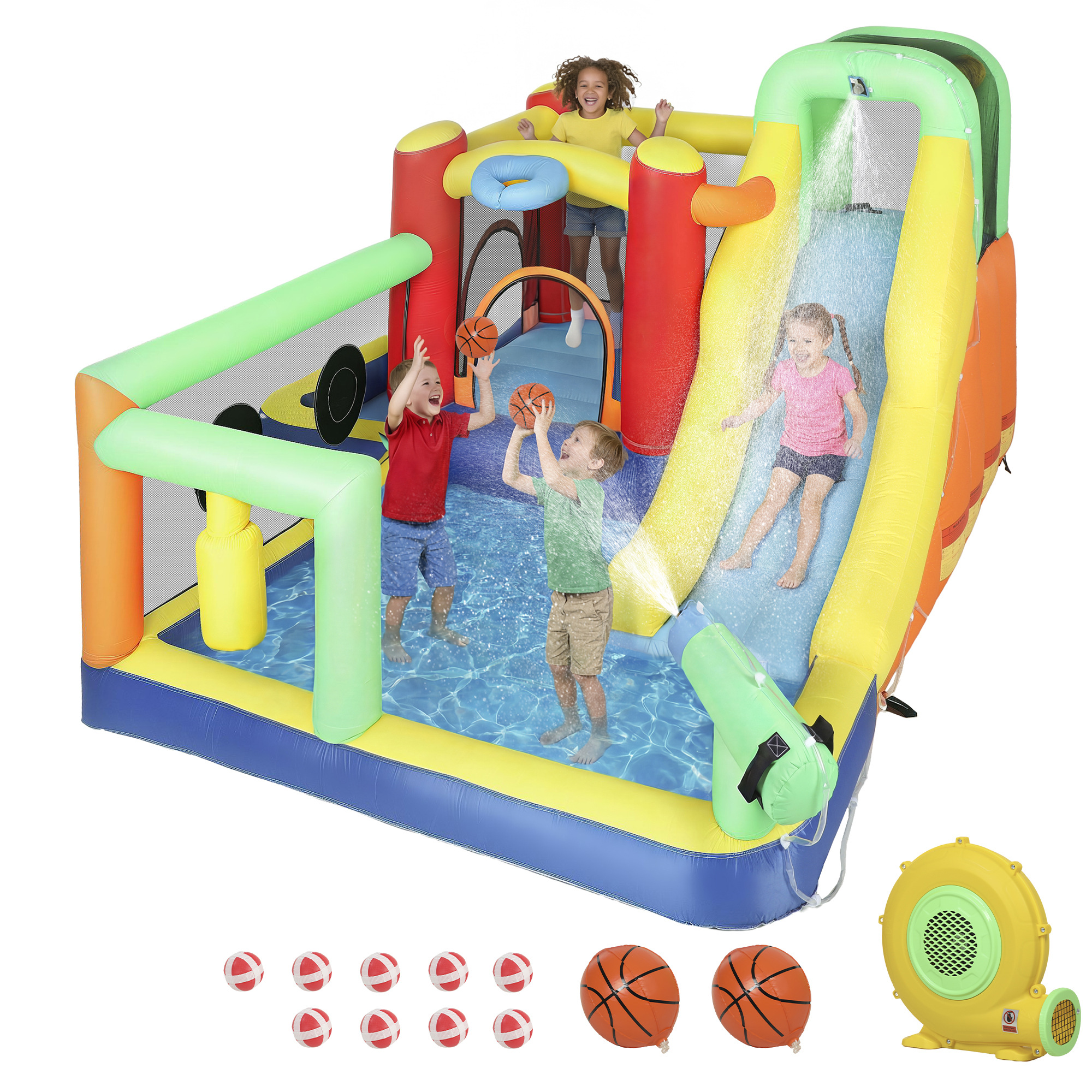 AIYAPLAY Château gonflable aquatique avec souffleur 550W 9 en 1 avec toboggan Trampoline Escalade 2 Piscines Panier Colonne de Boxe
