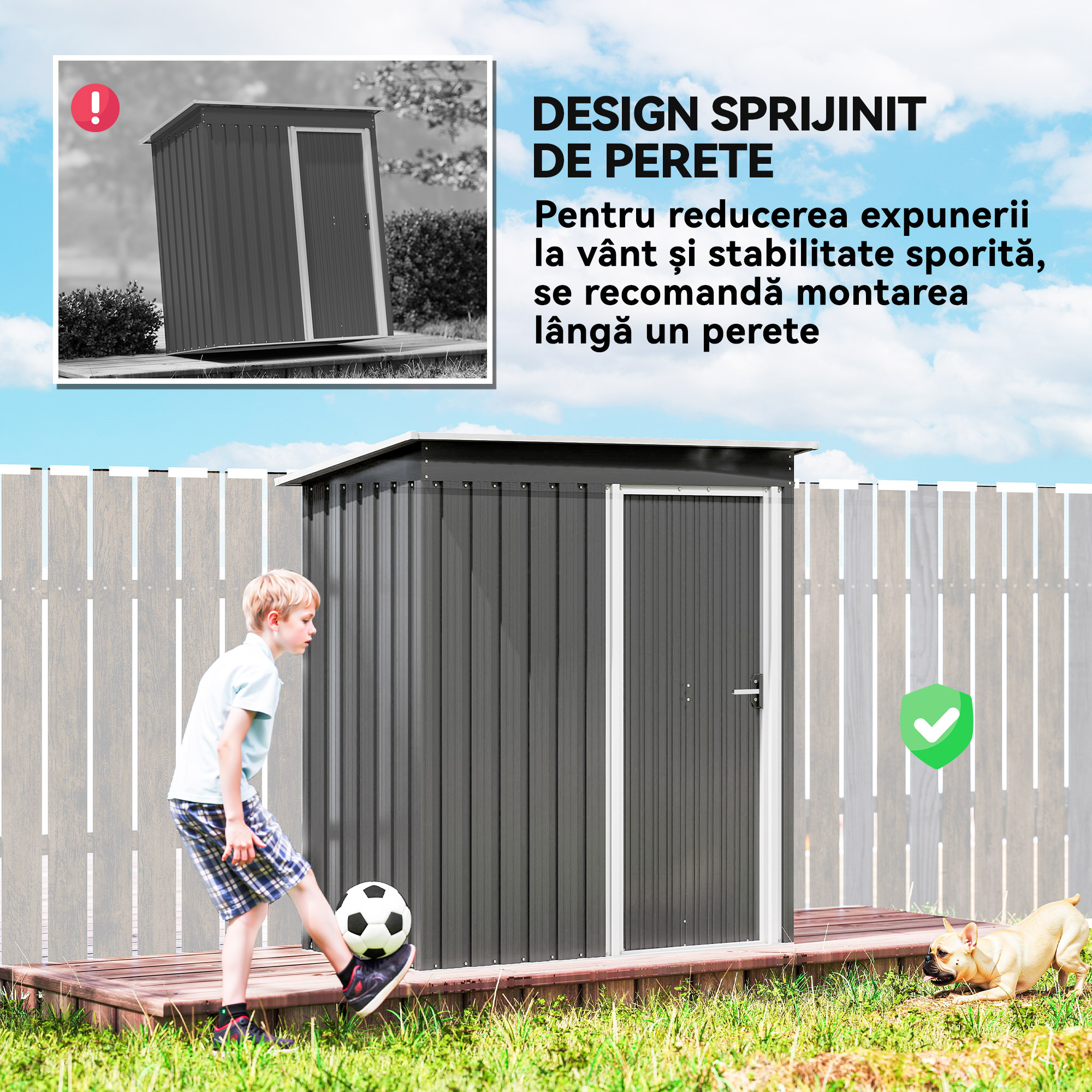  Casuta de Gradina Exterior 1,16 m² 163x89x182 cm din Metal cu Usa Culisanta si Acoperis inclinat, Gri [5]