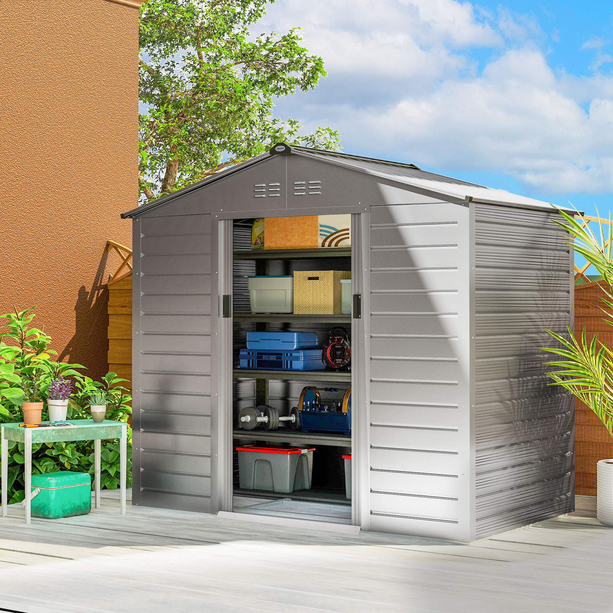 Outsunny Verzinkter Stahl Gerätehaus 2,43㎡ 213x131x192cm Geräteschuppen mi günstig online kaufen