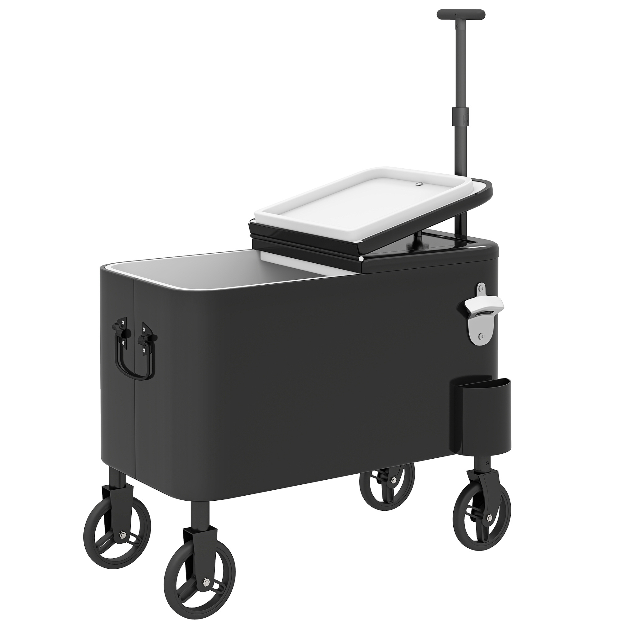 Outsunny Kühlwagen 56 L mit Rollen, Getränkewagen mit höhenverstellbarem Griff, Flaschenöffner, Kronkorkensammler, Ablauf und Griff, Kühltisch für Garten, Terrasse, Party, BBQ, 75x35x120 cm, Schwarz Aosom