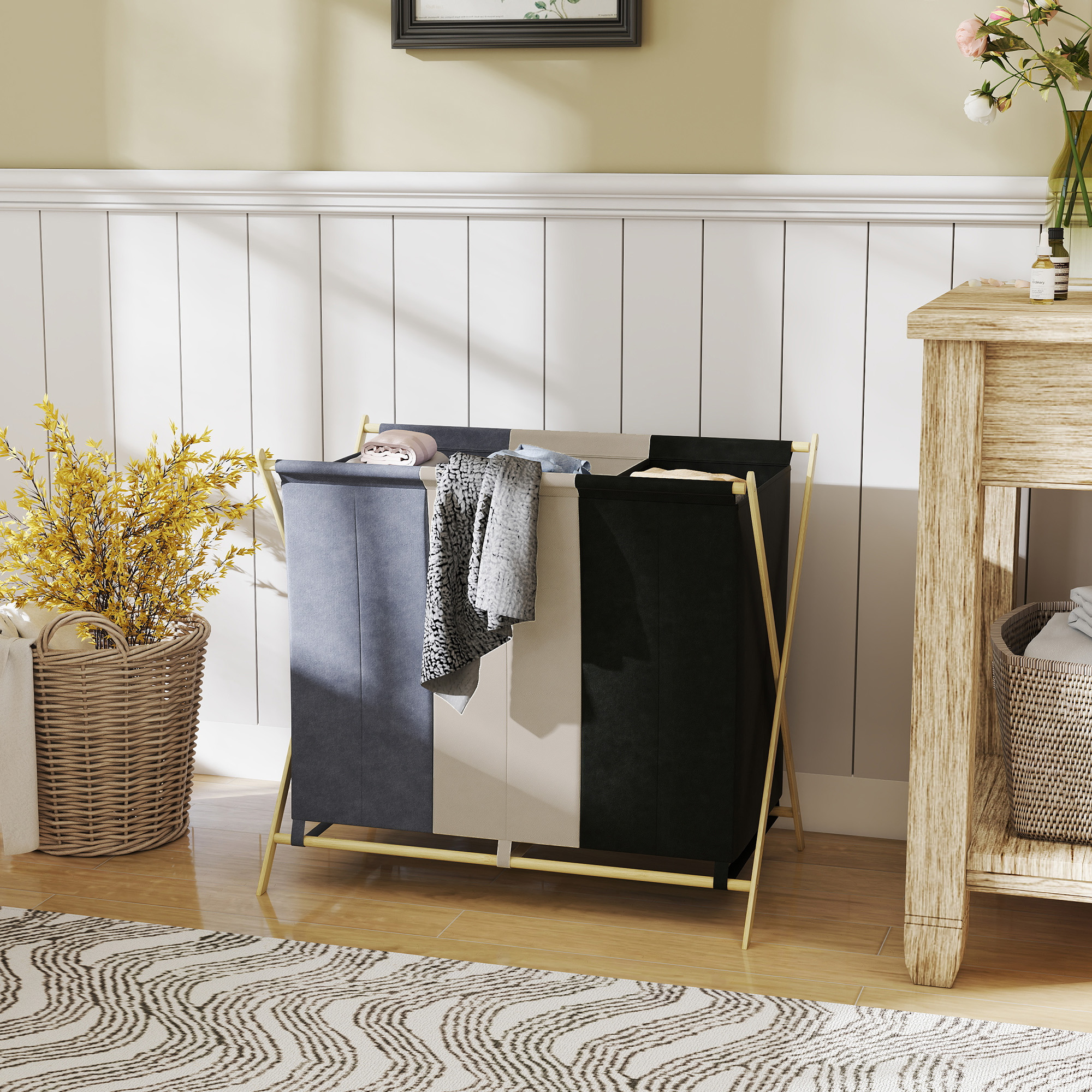 HOMCOM Wäschekorb mit 3 Fächern 129L Klappbar Wäschesammler mit Wäschesack, günstig online kaufen