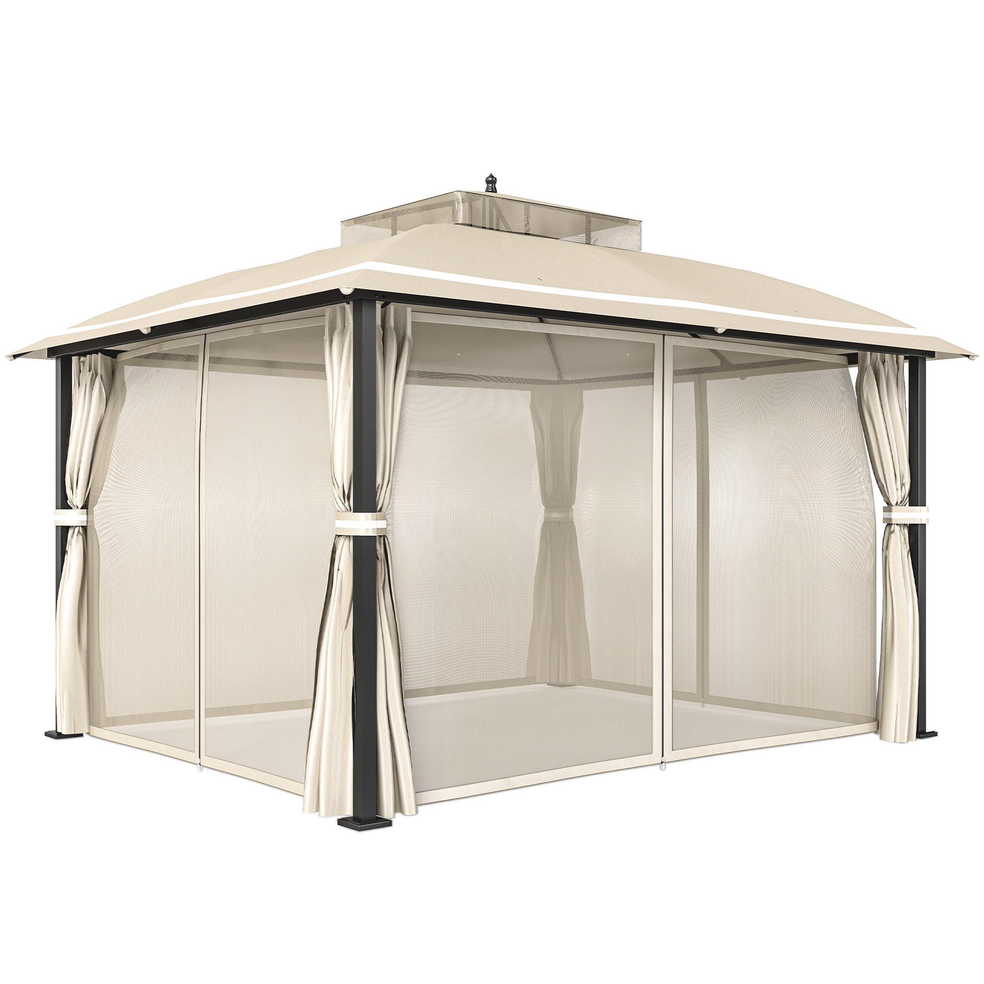 Outsunny Carpa para Jardín con Techo Doble Cenador con Mosquiteras y Cortinas para Exterior Terraza 370x303x290 cm Beige